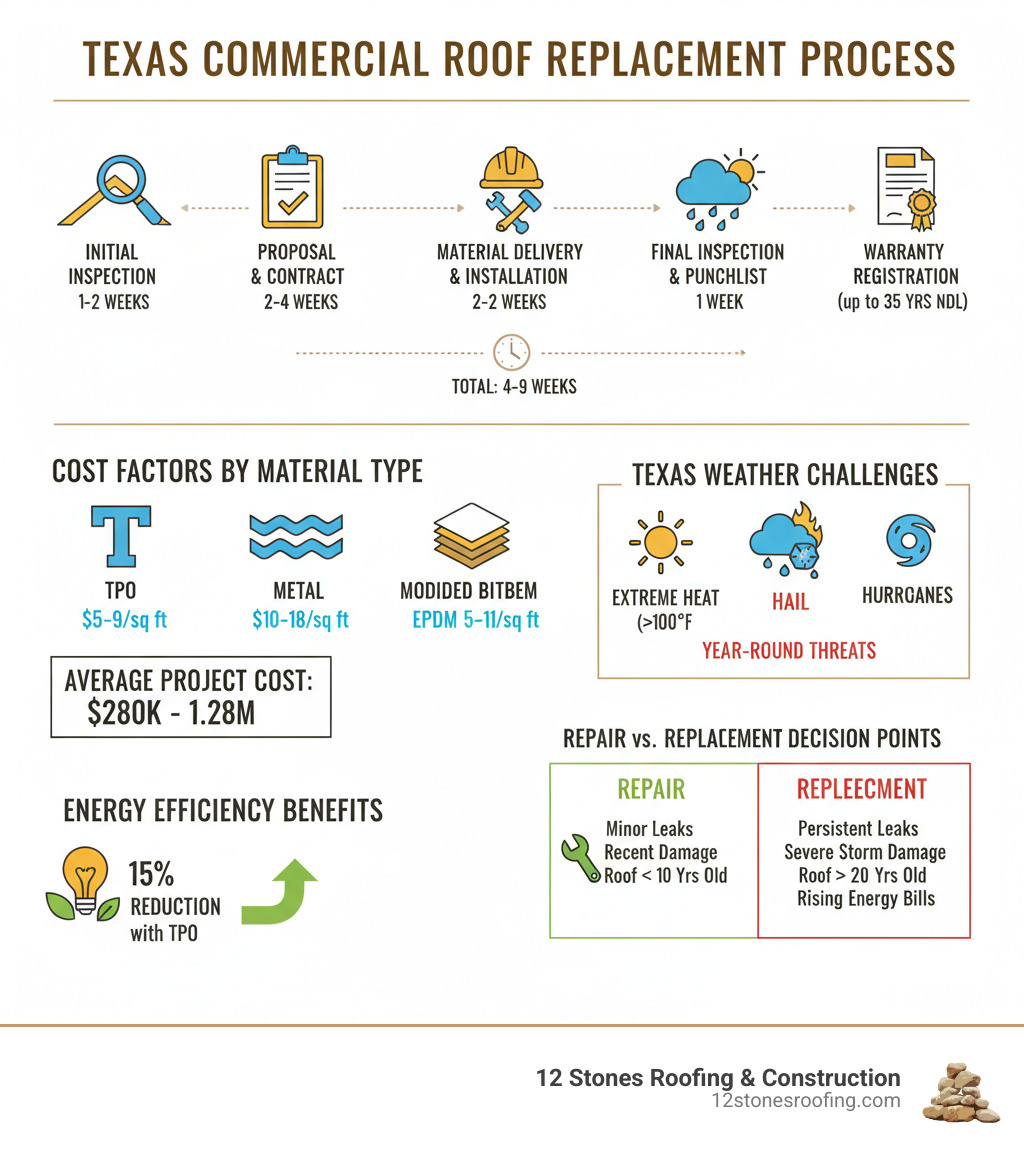 Infographic showing the complete commercial roof replacement process in Texas, including timeline from initial inspection through final warranty registration, cost factors by material type (TPO, Metal, Modified Bitumen, EPDM), Texas-specific weather challenges (extreme heat, hail, hurricanes), average project costs ($280k-$1.28M), energy efficiency benefits (15% reduction with TPO), warranty options (up to 35 years NDL), and key decision points for repair vs replacement - commercial roof replacement Texas infographic Infographic showing the complete commercial roof replacement process in Texas, including timeline from initial inspection through final warranty registration, cost factors by material type (TPO, Metal, Modified Bitumen, EPDM), Texas-specific weather challenges (extreme heat, hail, hurricanes), average project costs ($280k-$1.28M), energy efficiency benefits (15% reduction with TPO), warranty options (up to 35 years NDL), and key decision points for repair vs replacement - commercial roof replacement Texas infographic