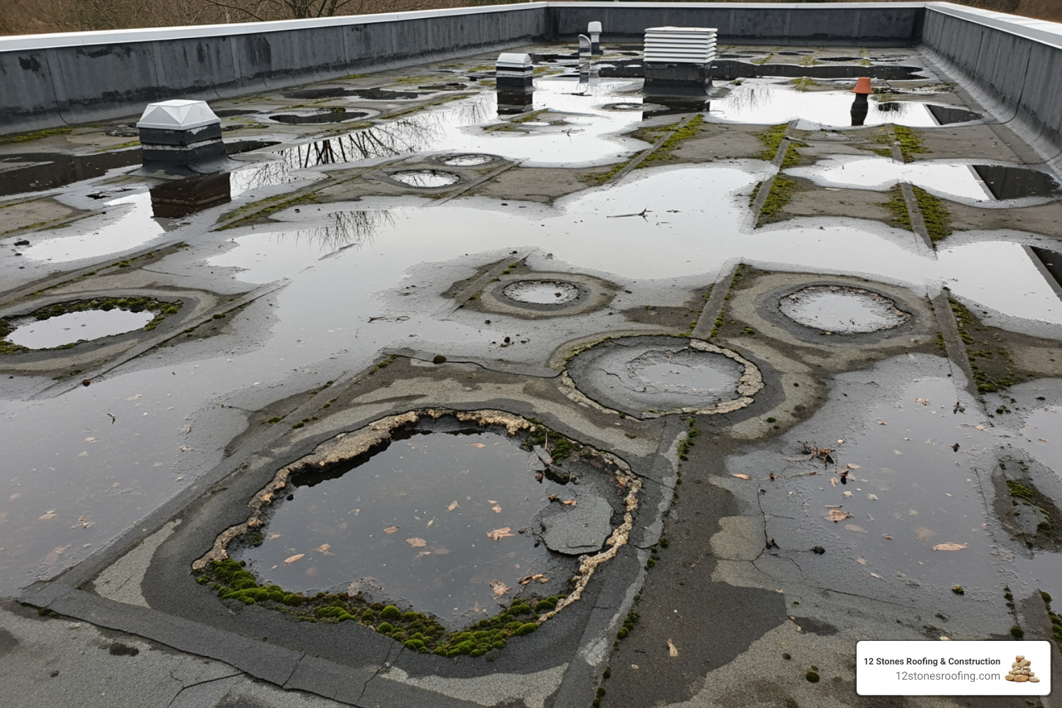 A damaged commercial roof with visible blistering and ponding water - commercial roof replacement Texas A damaged commercial roof with visible blistering and ponding water - commercial roof replacement Texas