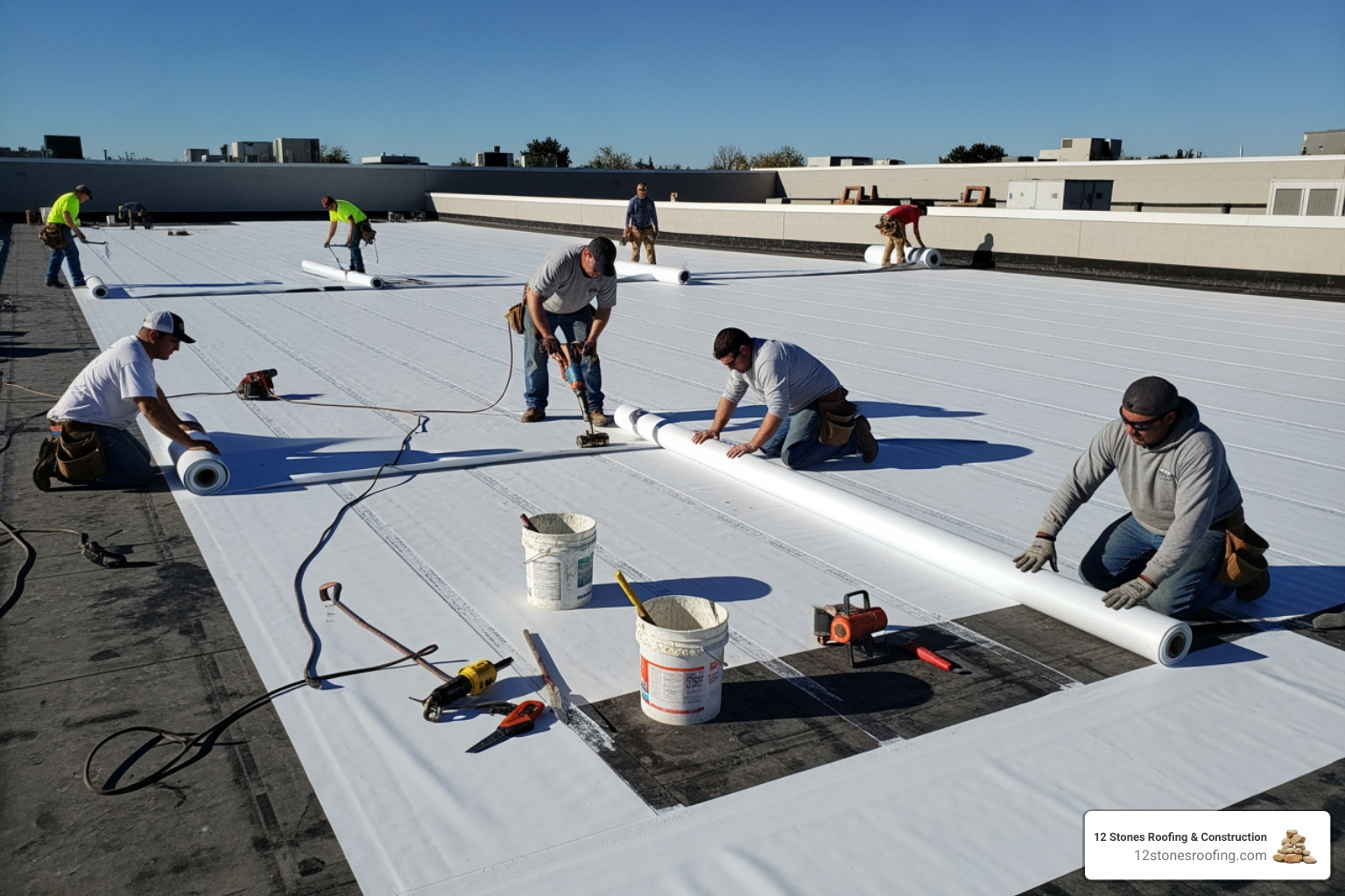 A professional roofing crew installing a new TPO membrane on a large flat roof - commercial roof replacement Texas A professional roofing crew installing a new TPO membrane on a large flat roof - commercial roof replacement Texas
