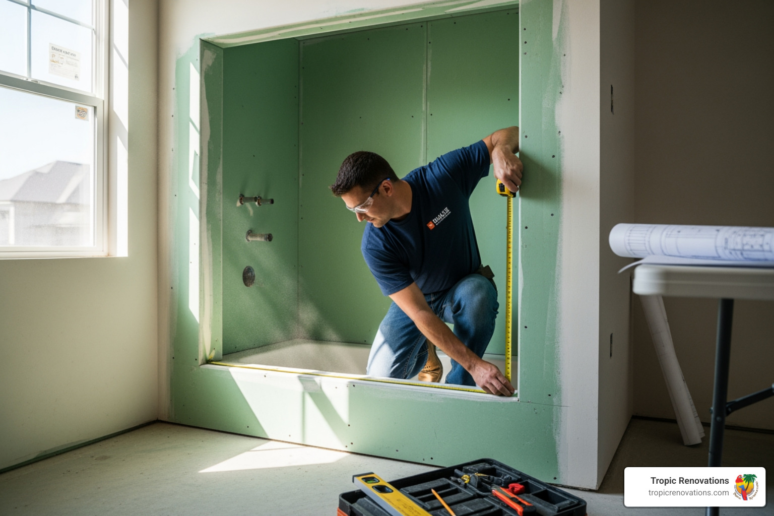 professional installer measuring a bathtub alcove - one day bathtub to shower conversion