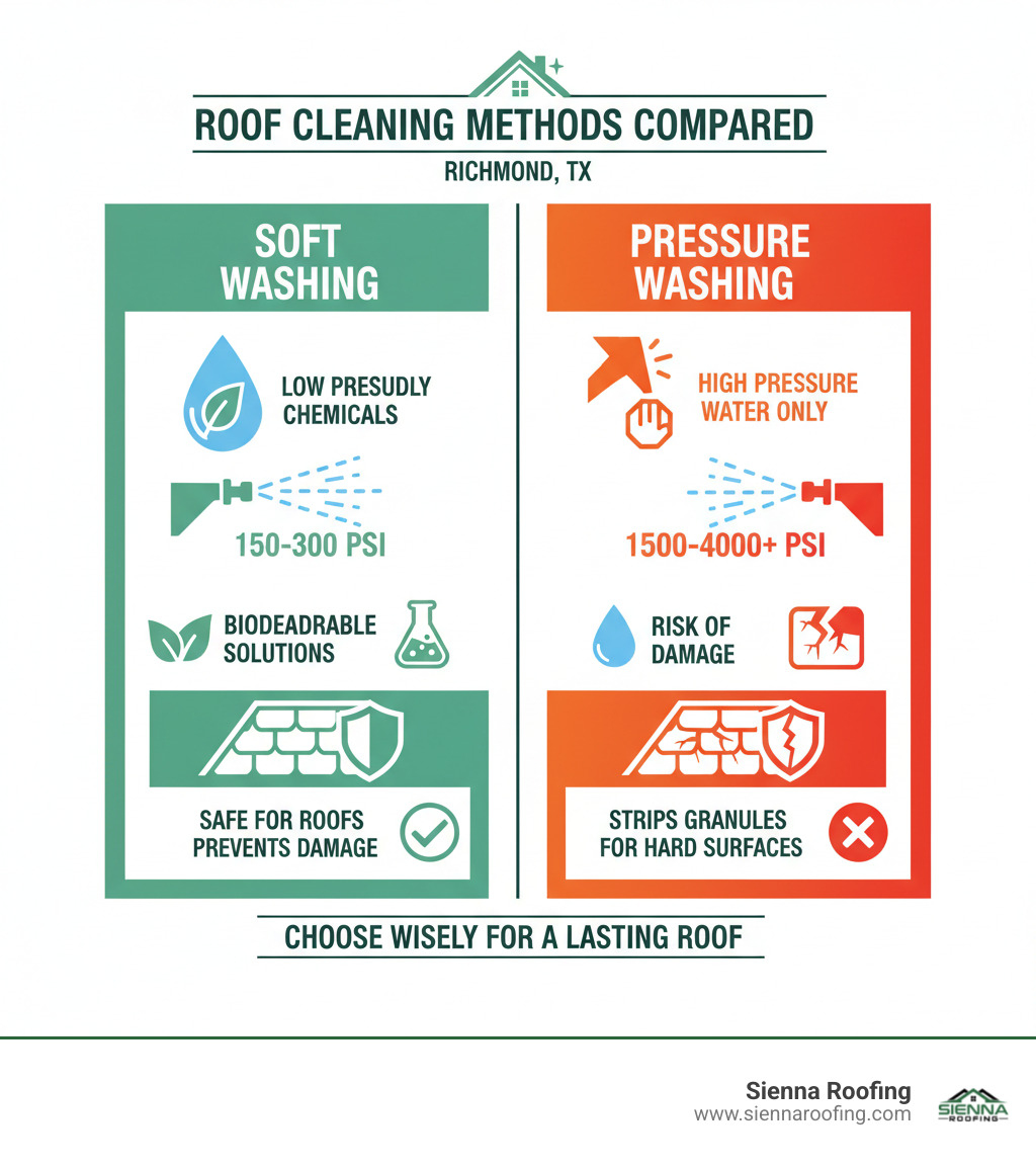 Infographic comparing soft washing and pressure washing, highlighting the low pressure and chemical use of soft washing versus high pressure and water use of pressure washing. - house roof washing richmond tx infographic 