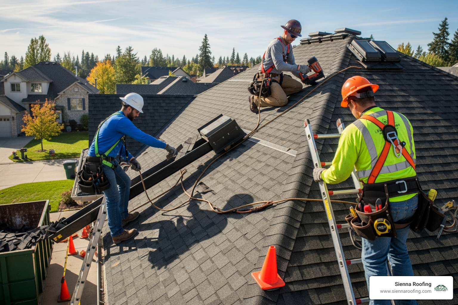 professional roofing crew working safely on a residential roof - roof replacement richmond tx