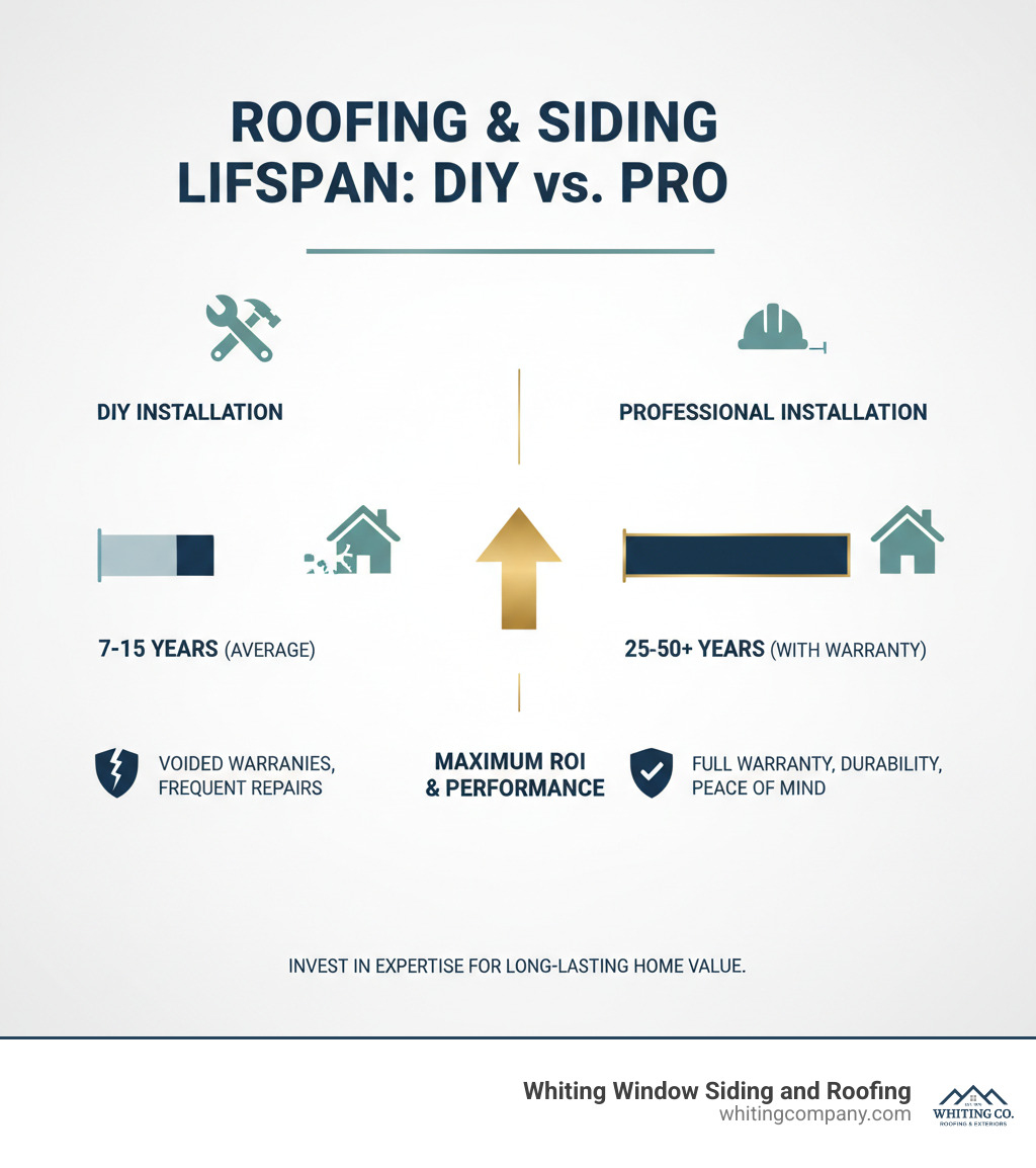 Infographic showing the difference in lifespan between DIY and professional installations - roofing and siding infographic 