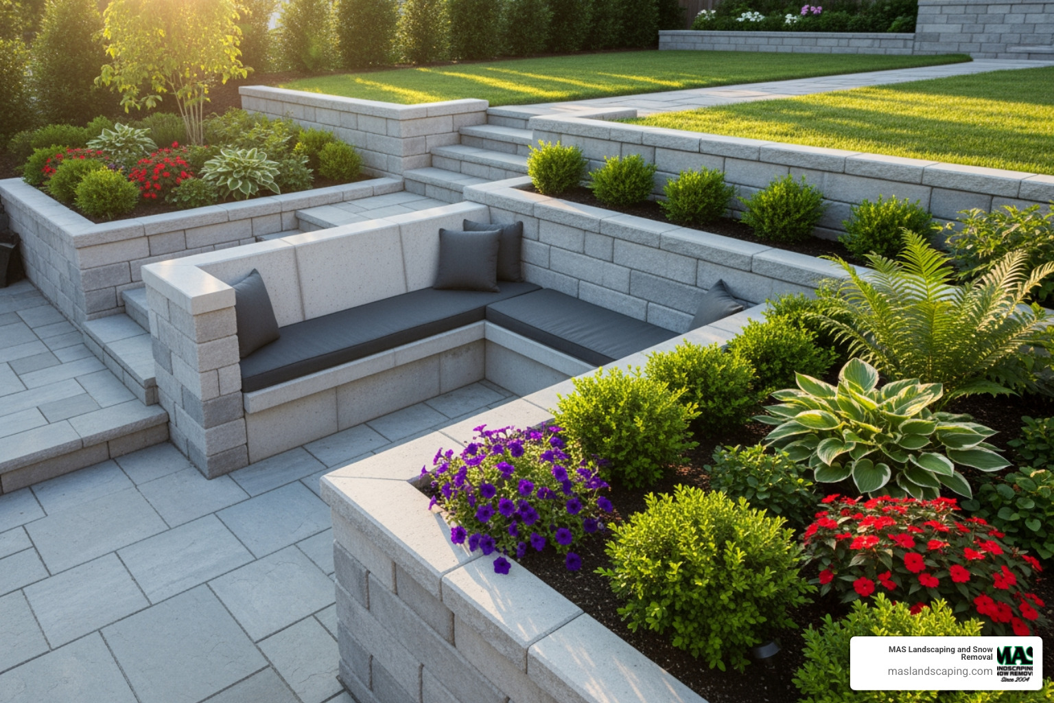A multi-level yard with precast concrete walls creating terraces, a built-in bench, and a raised garden bed, showcasing diverse applications. - precast concrete garden walls