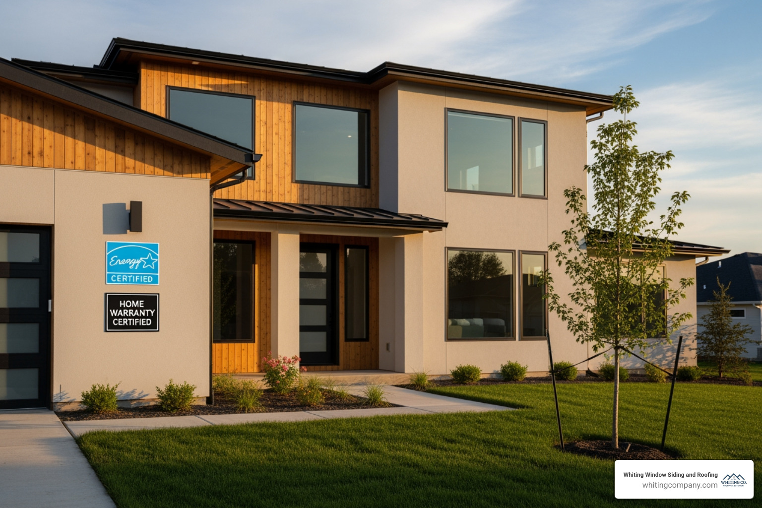 home with Energy Star and warranty icons - roofing and siding