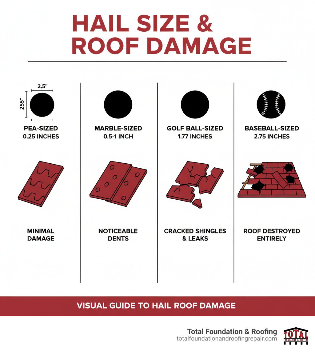 Infographic showing hail size comparison: pea-sized hail (0.25 inches) causes minimal damage, marble-sized hail (0.5-1 inch) creates noticeable dents, golf ball-sized hail (1.75 inches) cracks shingles and causes leaks, baseball-sized hail (2.75 inches) can destroy roofing materials entirely, with visual representations of each size and corresponding roof damage severity - hail roof repair infographic 