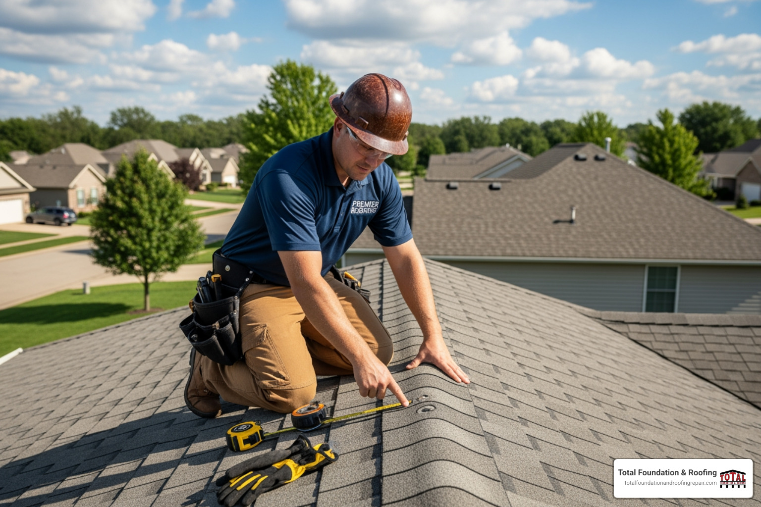 Roofing contractor inspecting hail damage - hail roof repair