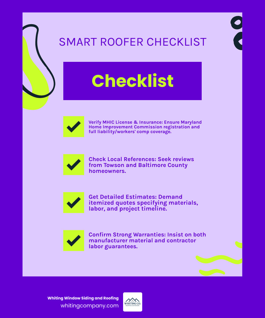 Essential steps for choosing a roofing contractor in Towson: verify MHIC license, confirm insurance coverage, check local references and reviews, compare detailed written estimates, review material and labor warranties, assess experience with Maryland climate, evaluate communication and transparency - roofing towson md infographic checklist-fun-neon