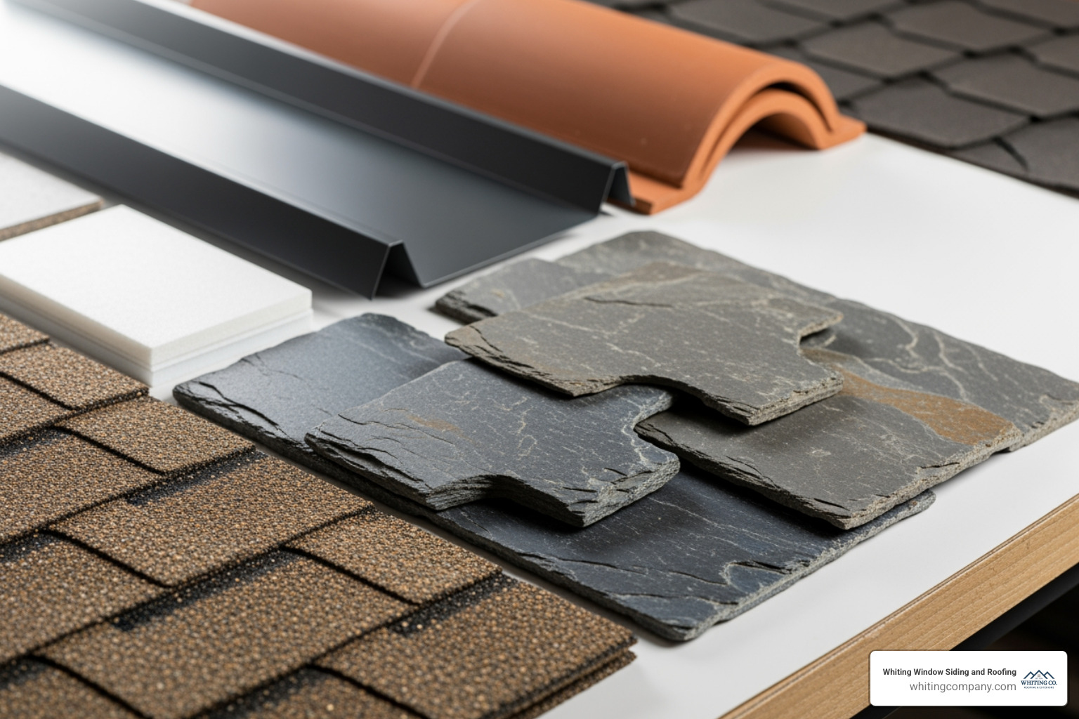 roofing material samples: asphalt shingles, metal, and slate - roofing towson md