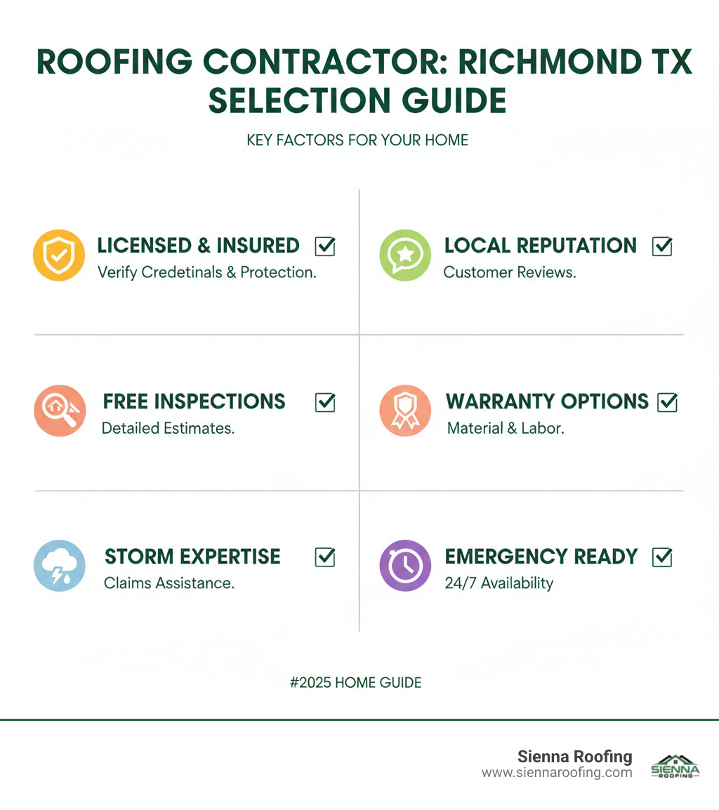 infographic showing key factors when selecting a roofing contractor in richmond tx including licensing insurance certifications local reputation storm damage expertise warranty options free inspections emergency availability and customer reviews with checkboxes and icons - roofing contractor richmond tx infographic infographic showing key factors when selecting a roofing contractor in richmond tx including licensing insurance certifications local reputation storm damage expertise warranty options free inspections emergency availability and customer reviews with checkboxes and icons - roofing contractor richmond tx infographic