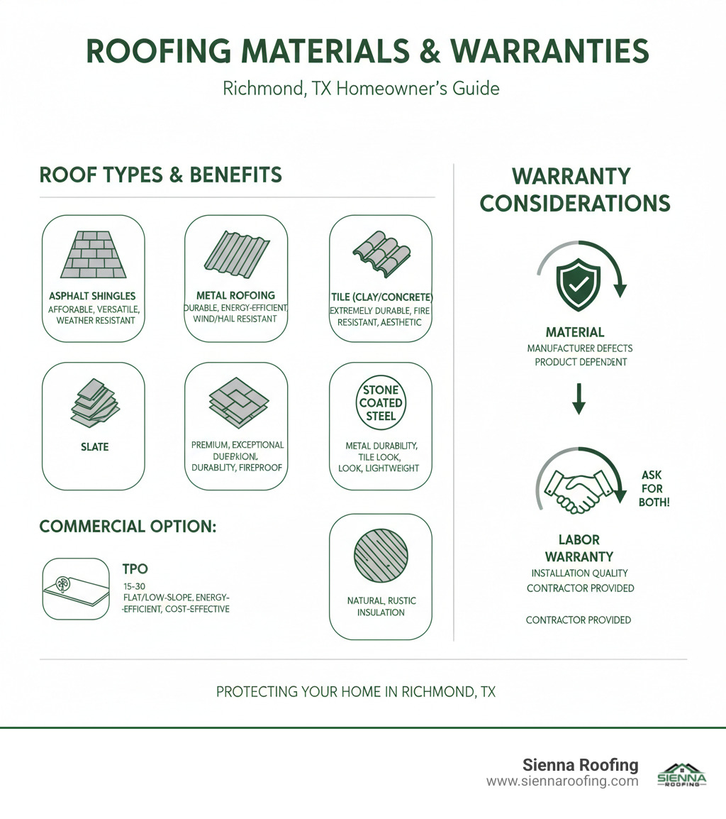 infographic illustrating different types of roofing materials and their benefits along with warranty considerations for homeowners - roofing contractor richmond tx infographic infographic illustrating different types of roofing materials and their benefits along with warranty considerations for homeowners - roofing contractor richmond tx infographic