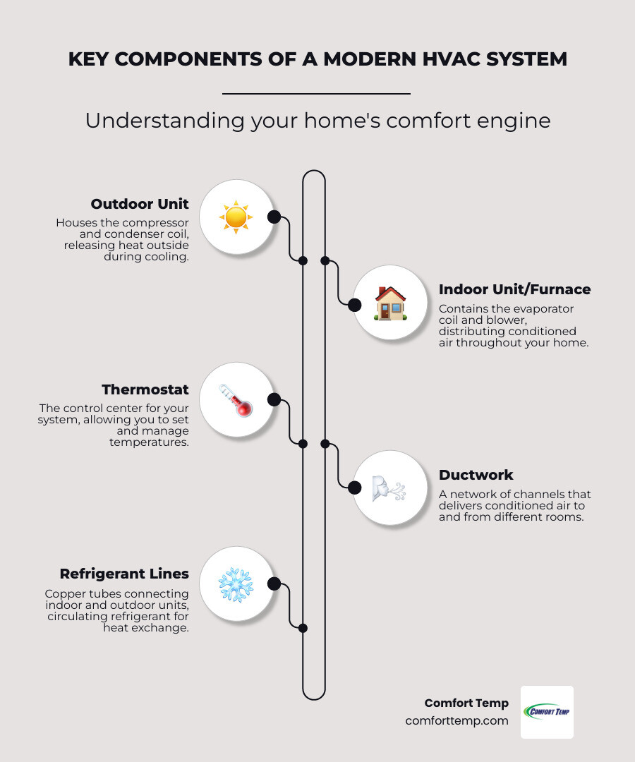 infographic showing the main components of a modern HVAC system including outdoor condensing unit with compressor, indoor air handler or furnace with blower motor, thermostat control panel mounted on wall, and network of supply and return ductwork throughout the home, with arrows indicating airflow direction and refrigerant lines connecting indoor and outdoor units - hvac new system infographic infographic-line-5-steps-elegant_beige infographic showing the main components of a modern HVAC system including outdoor condensing unit with compressor, indoor air handler or furnace with blower motor, thermostat control panel mounted on wall, and network of supply and return ductwork throughout the home, with arrows indicating airflow direction and refrigerant lines connecting indoor and outdoor units - hvac new system infographic infographic-line-5-steps-elegant_beige