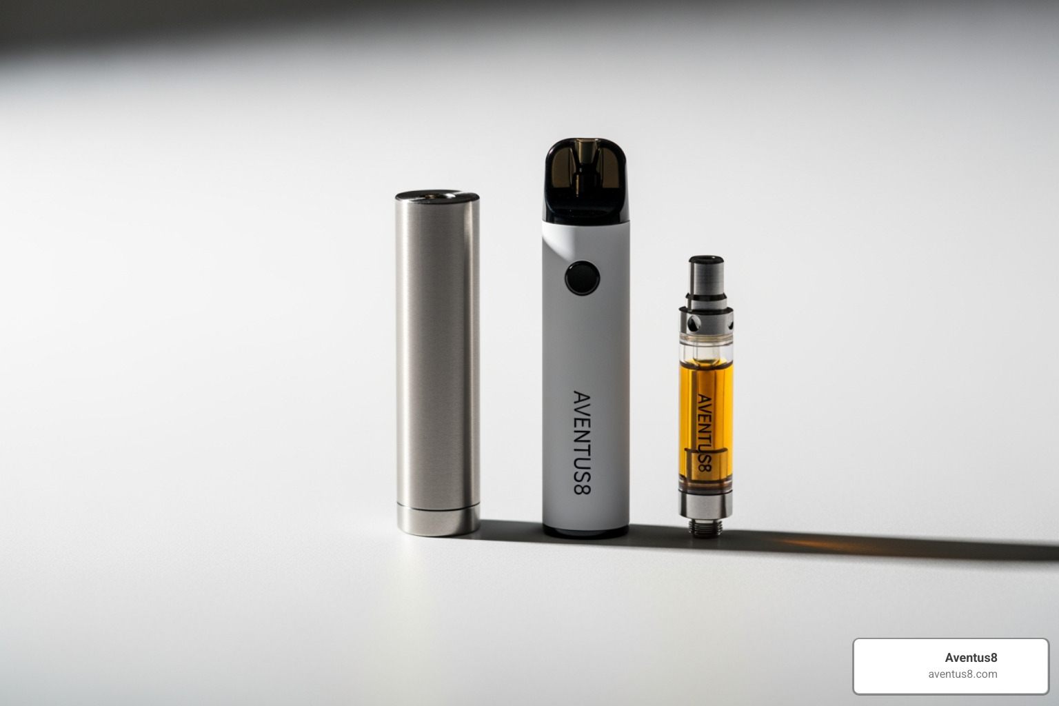 Aventus8 disposable vape next to an Aventus8 510-thread cartridge and battery, showcasing the options available for Hollywood FL vapers - Longest lasting vape pens