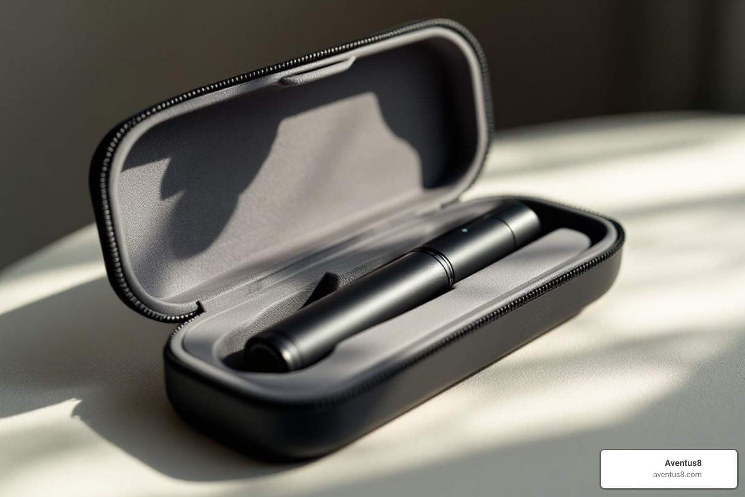 An Aventus8 vape pen stored properly in a protective case, away from direct sunlight, emphasizing proper storage for Hollywood FL's climate - Longest lasting vape pens