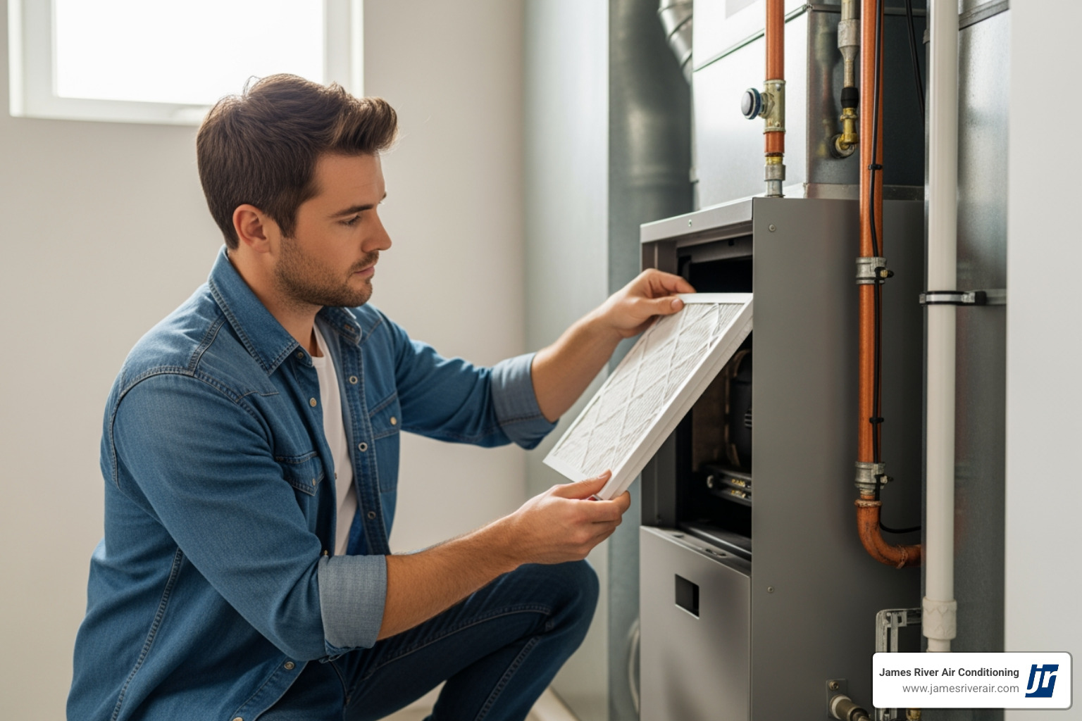 Homeowner changing a clean air filter in their furnace - 24 hour heating service in goochland, va Homeowner changing a clean air filter in their furnace - 24 hour heating service in goochland, va