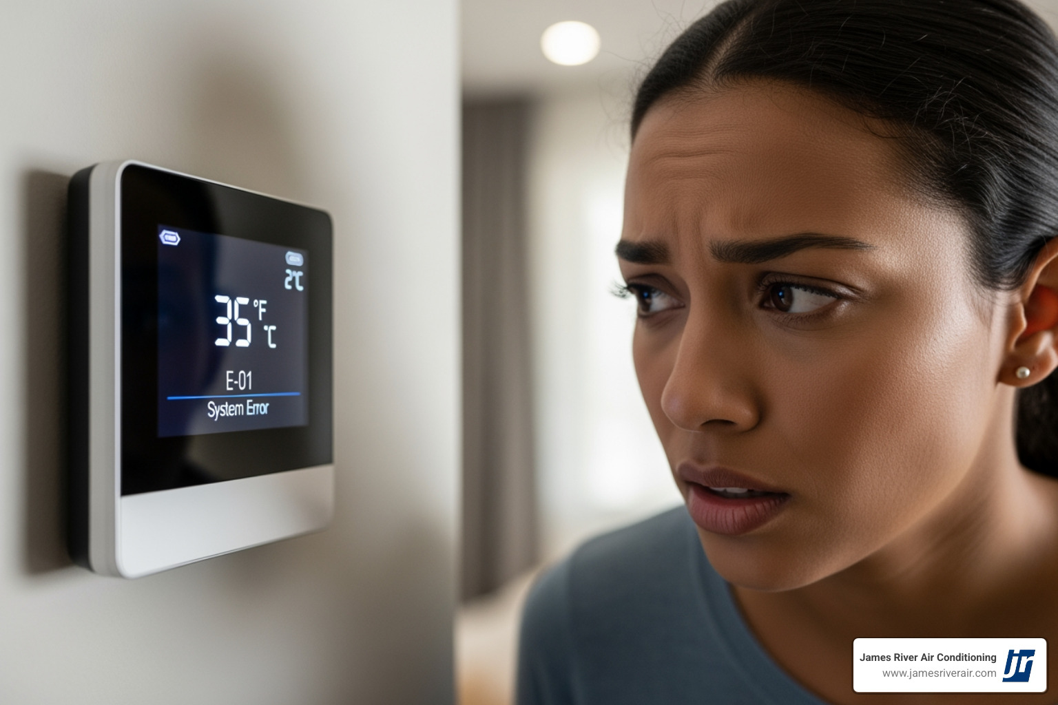 Homeowner looking at a thermostat displaying an error code or a very low temperature - 24 hour heating service in goochland, va Homeowner looking at a thermostat displaying an error code or a very low temperature - 24 hour heating service in goochland, va