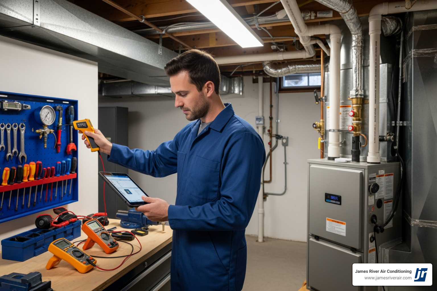 Technician wearing a branded uniform using diagnostic tools on an indoor furnace unit - 24 hour heating service in goochland, va Technician wearing a branded uniform using diagnostic tools on an indoor furnace unit - 24 hour heating service in goochland, va