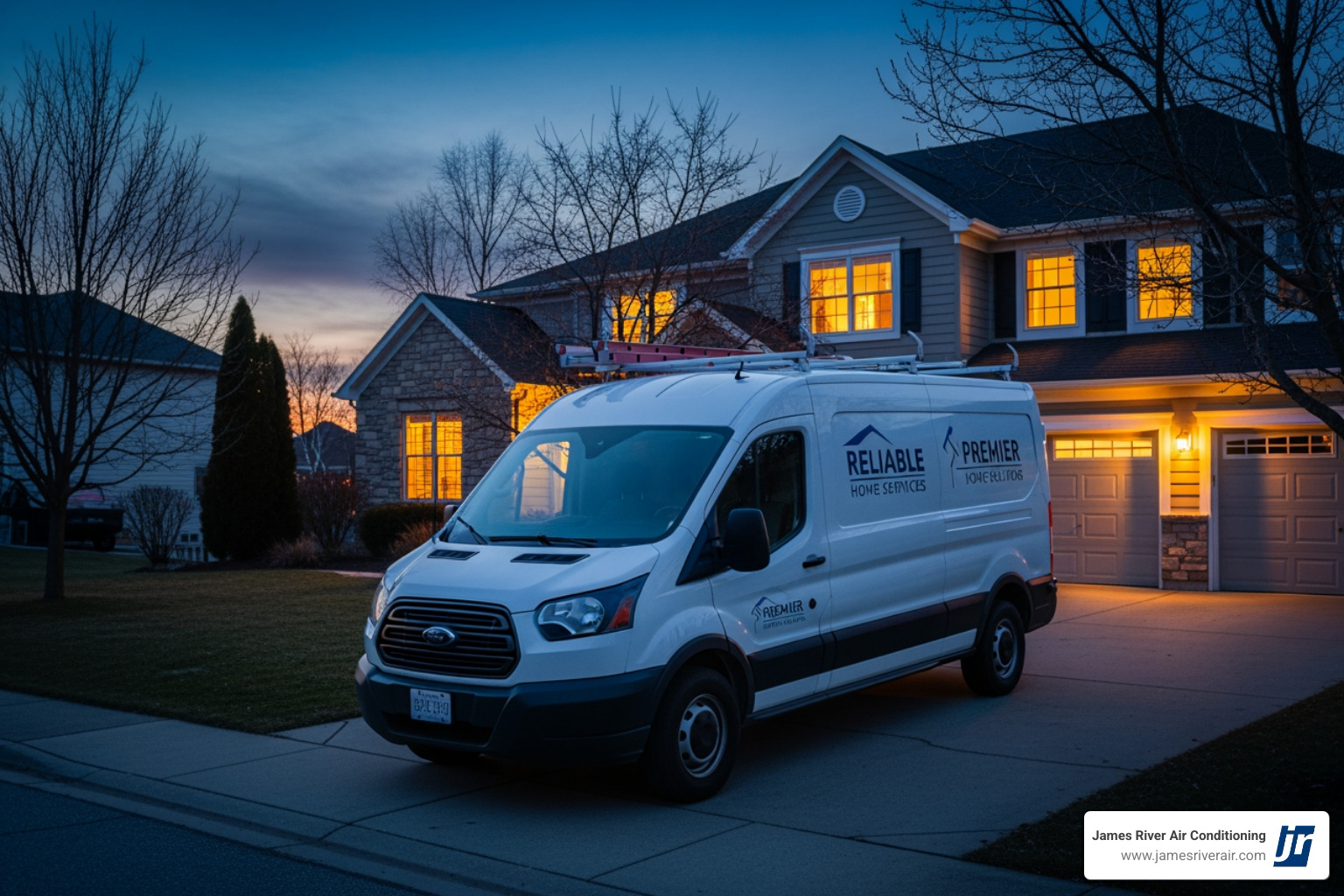 Professional service van with clear branding parked in a residential driveway at dusk - 24 hour heating service in goochland, va Professional service van with clear branding parked in a residential driveway at dusk - 24 hour heating service in goochland, va