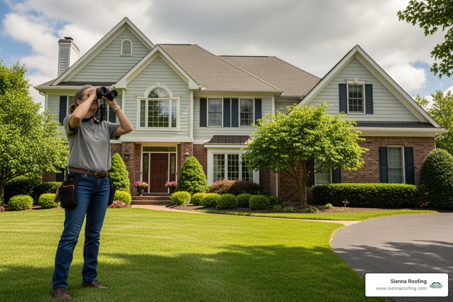 a homeowner safely inspecting their roof from the ground with binoculars - roof repair richmond tx