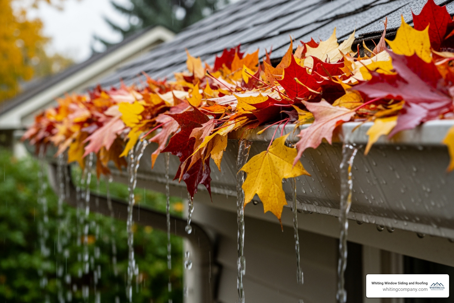 Autumn leaves from a maple tree clogging a gutter, overflowing with water during a light rain. - guttering services baltimore