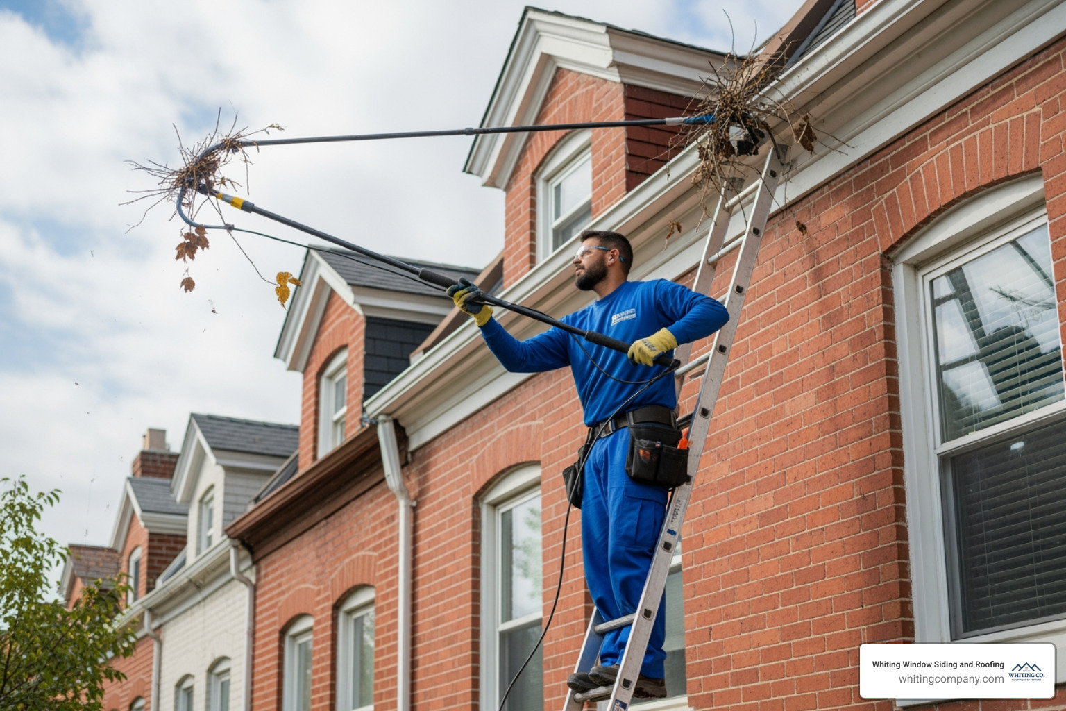 A certified technician safely cleaning gutters on a Baltimore home, wearing gloves and safety glasses, using a specialized tool to remove debris while standing on a stable ladder. - guttering services baltimore