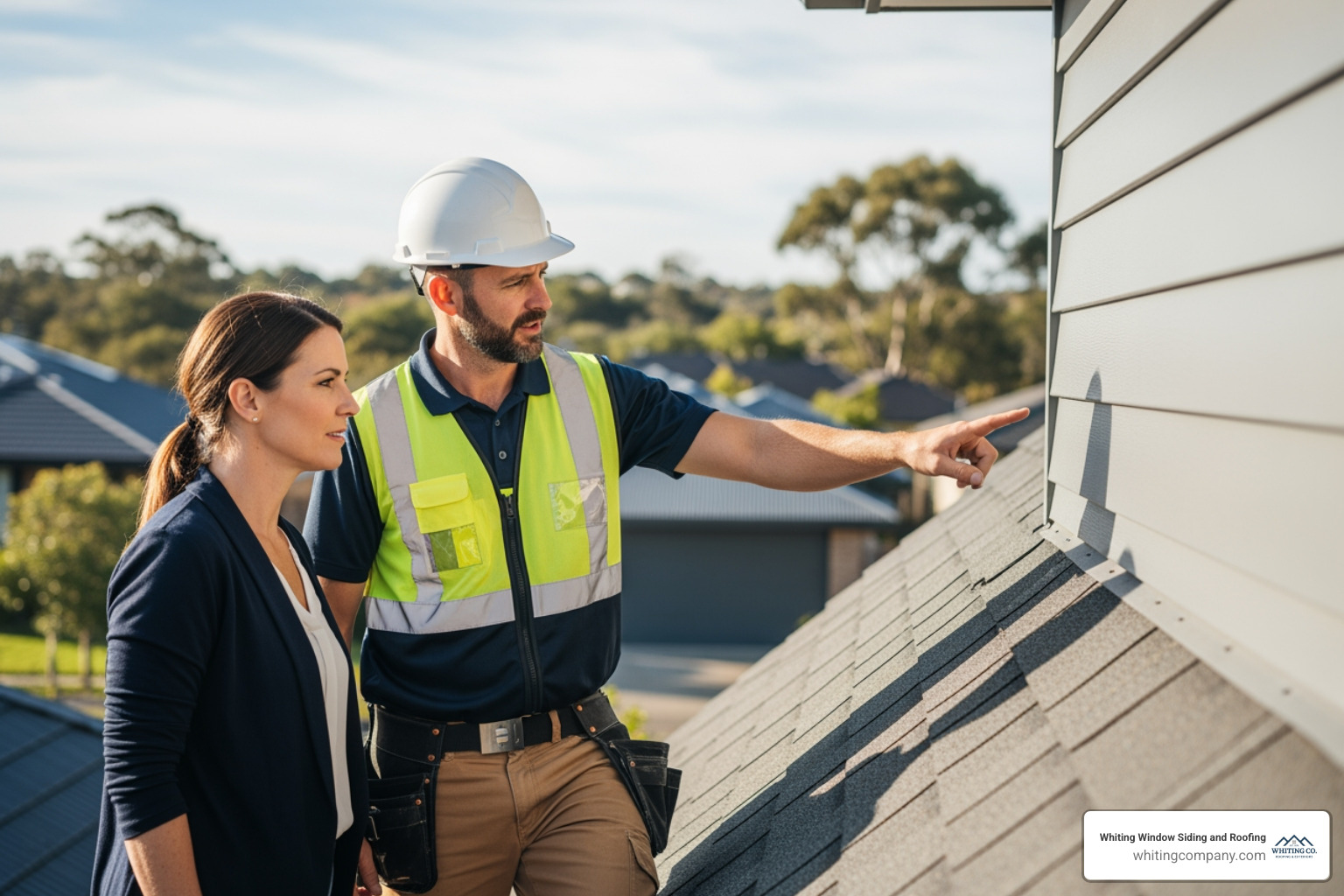 project manager and homeowner during a final walkthrough - roofing and siding contractors