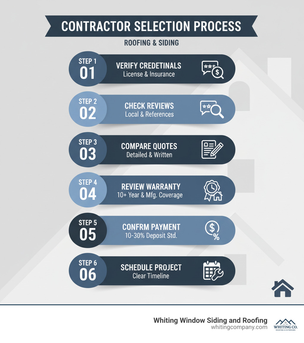 Infographic showing the complete roofing and siding contractor selection process: Step 1 - Verify license and insurance credentials, Step 2 - Check local reviews and references, Step 3 - Compare detailed written quotes, Step 4 - Review warranty terms (10+ year workmanship, manufacturer coverage), Step 5 - Confirm payment schedule (10-30% deposit standard), Step 6 - Schedule project with clear timeline - roofing and siding contractors infographic 