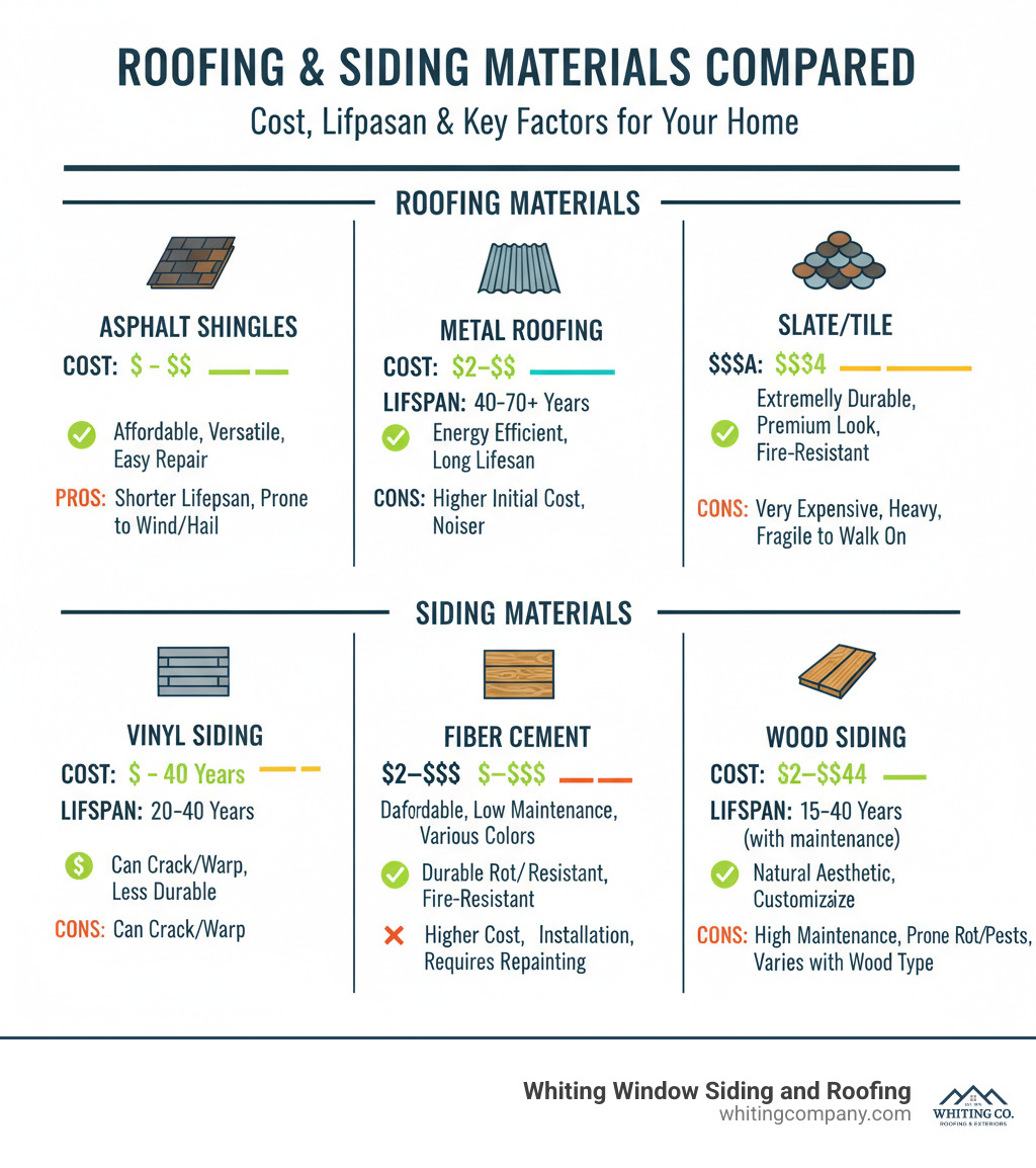TABLE comparing the most popular roofing and siding materials on cost, lifespan, and key pros/cons - roof and siding infographic 