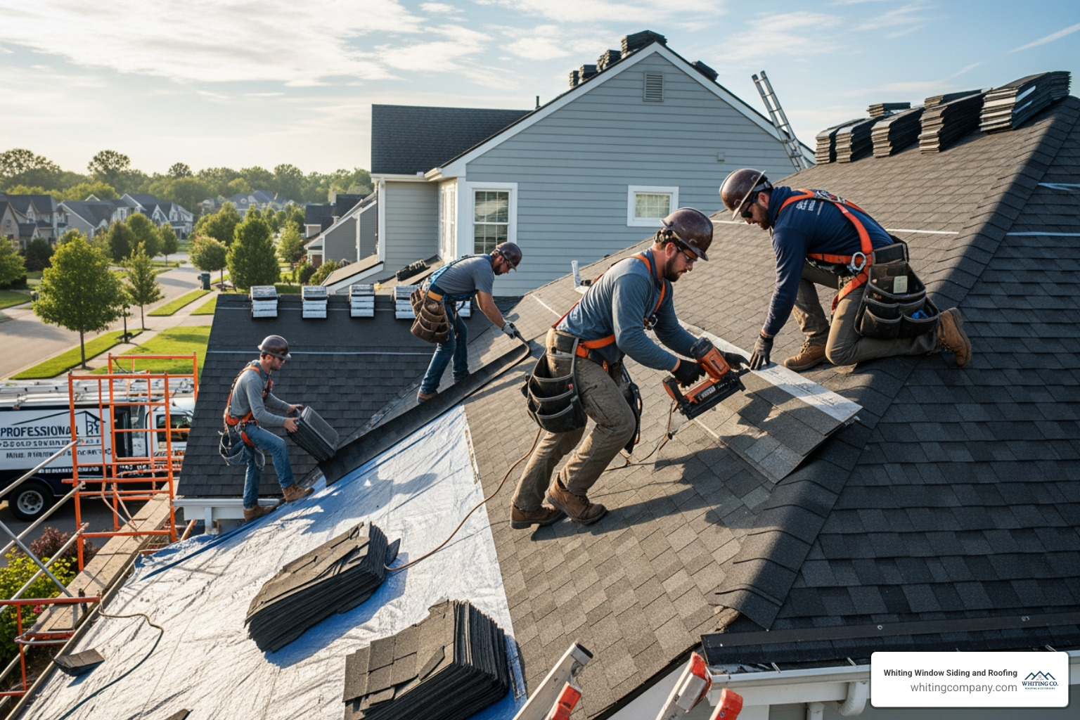 professional roofing crew installing new shingles - roof and siding