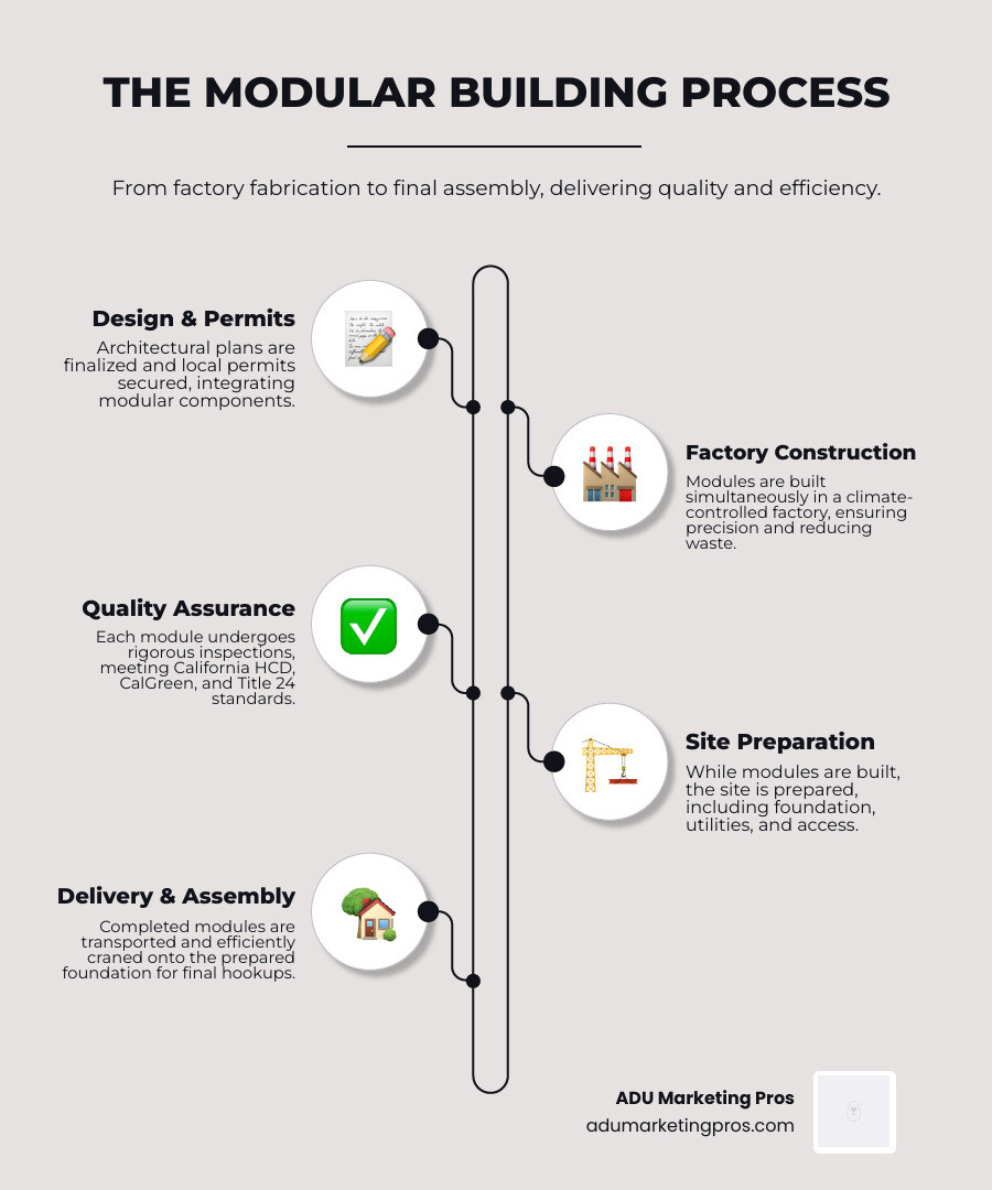 Infographic explaining the modular construction process from factory to final assembly, highlighting key benefits. - california modular builders infographic infographic-line-5-steps-elegant_beige
