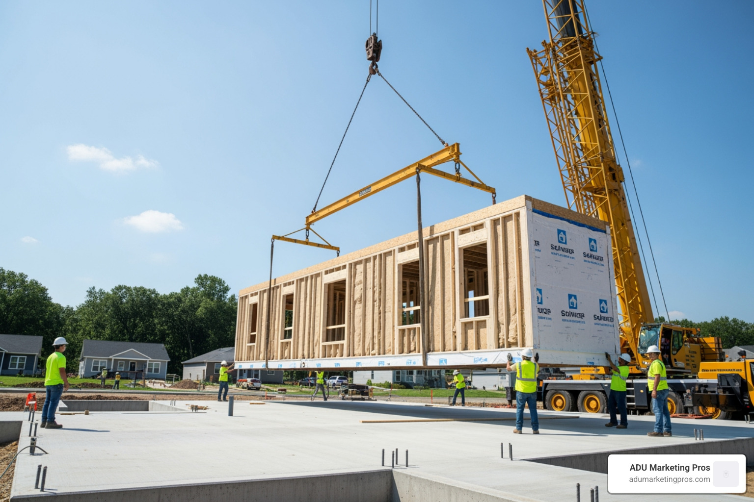 modular home being craned into place on its foundation - california modular builders