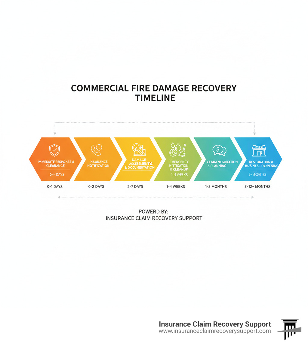 infographic showing the commercial fire damage recovery timeline from immediate response through restoration, including safety clearance, insurance notification, damage assessment, mitigation steps, claim negotiation, and business reopening, with estimated timeframes for each phase - Commercial fire damage infographic 