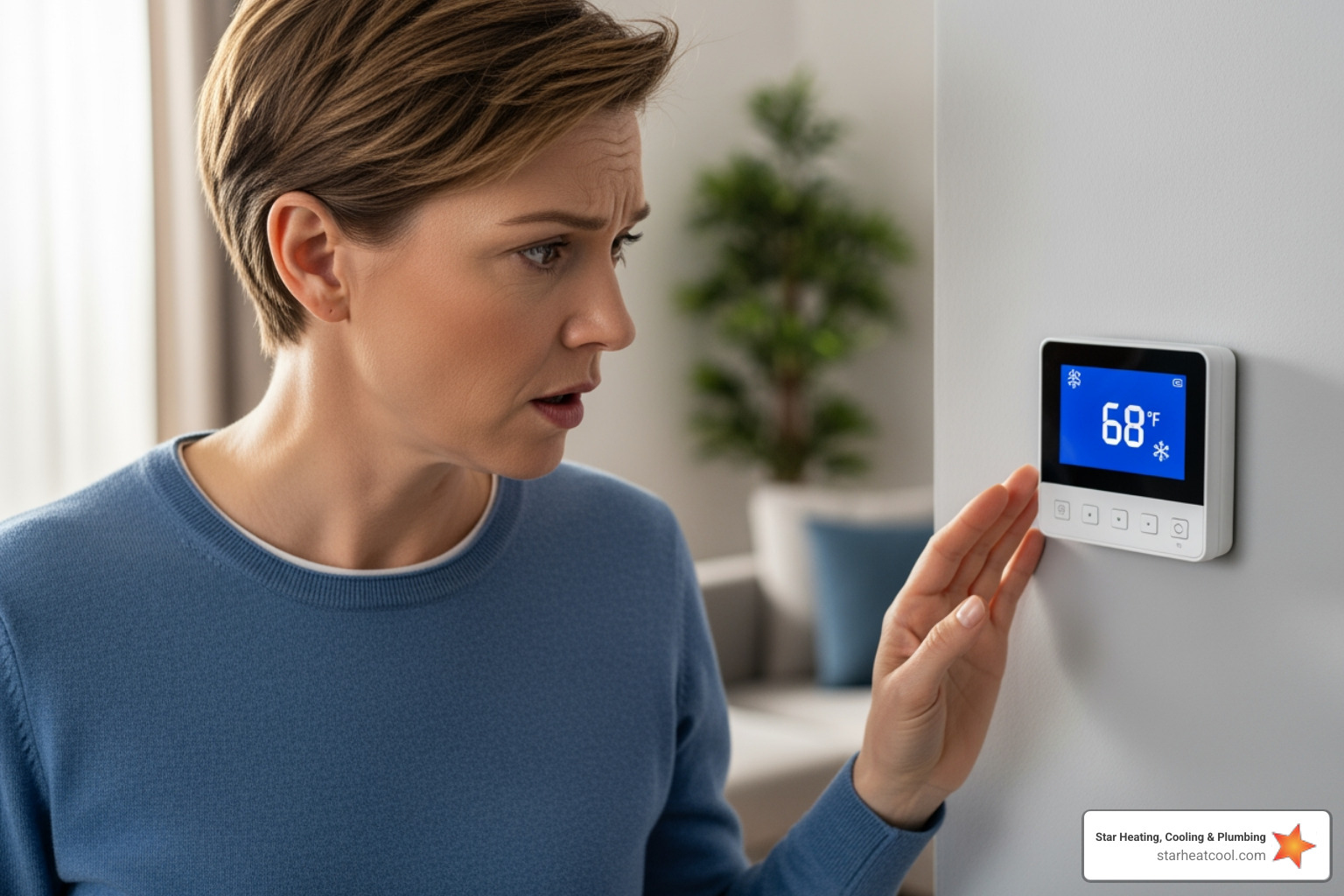 a homeowner looking quizzically at a thermostat - premium heating service in zionsville in