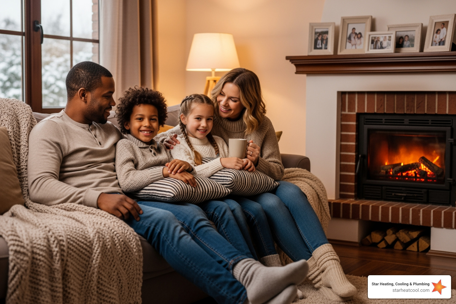 a family comfortably enjoying their home during winter - premium heating service in zionsville in