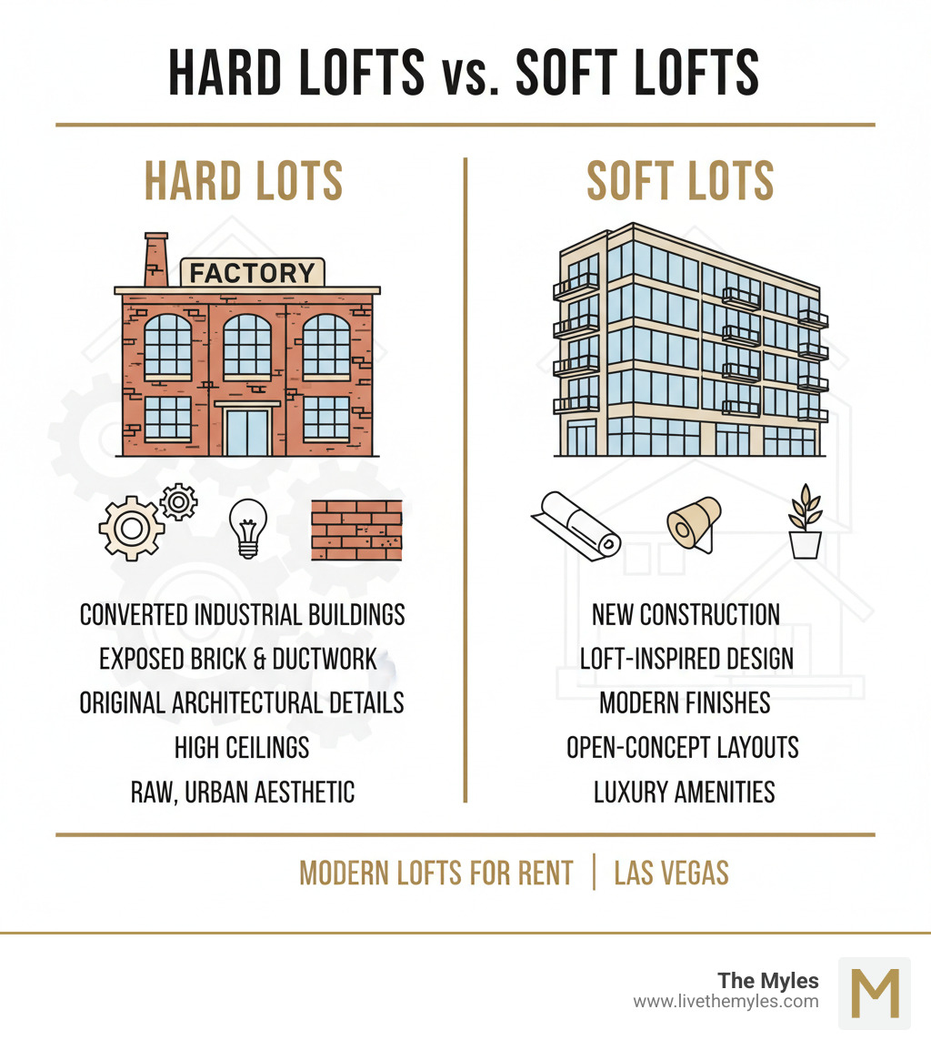 infographic comparing hard lofts versus soft lofts showing converted industrial buildings with exposed elements versus new construction with loft-inspired design features - Modern lofts for rent infographic infographic comparing hard lofts versus soft lofts showing converted industrial buildings with exposed elements versus new construction with loft-inspired design features - Modern lofts for rent infographic