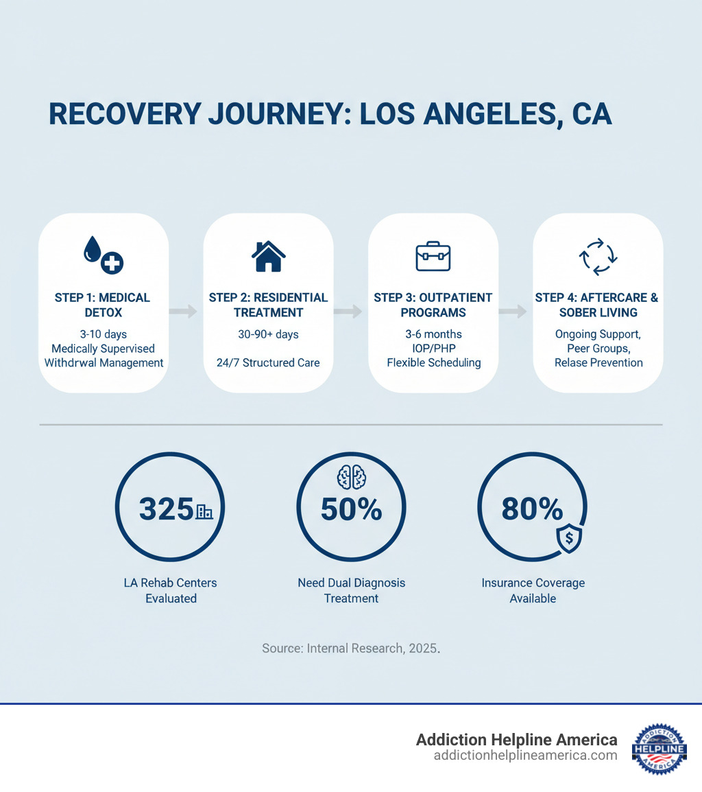 Infographic showing the recovery journey: Step 1 - Medical Detox (3-10 days, medically supervised withdrawal management); Step 2 - Residential Treatment (30-90+ days, 24/7 structured care); Step 3 - Outpatient Programs (3-6 months, IOP/PHP flexible scheduling); Step 4 - Aftercare & Sober Living (ongoing support, peer groups, relapse prevention). Includes statistics: 325 LA rehab centers, 50% need dual diagnosis treatment, 80% insurance coverage available for many programs. - Drug & Alcohol Rehabs in Los Angeles, CA infographic Infographic showing the recovery journey: Step 1 - Medical Detox (3-10 days, medically supervised withdrawal management); Step 2 - Residential Treatment (30-90+ days, 24/7 structured care); Step 3 - Outpatient Programs (3-6 months, IOP/PHP flexible scheduling); Step 4 - Aftercare & Sober Living (ongoing support, peer groups, relapse prevention). Includes statistics: 325 LA rehab centers, 50% need dual diagnosis treatment, 80% insurance coverage available for many programs. - Drug & Alcohol Rehabs in Los Angeles, CA infographic