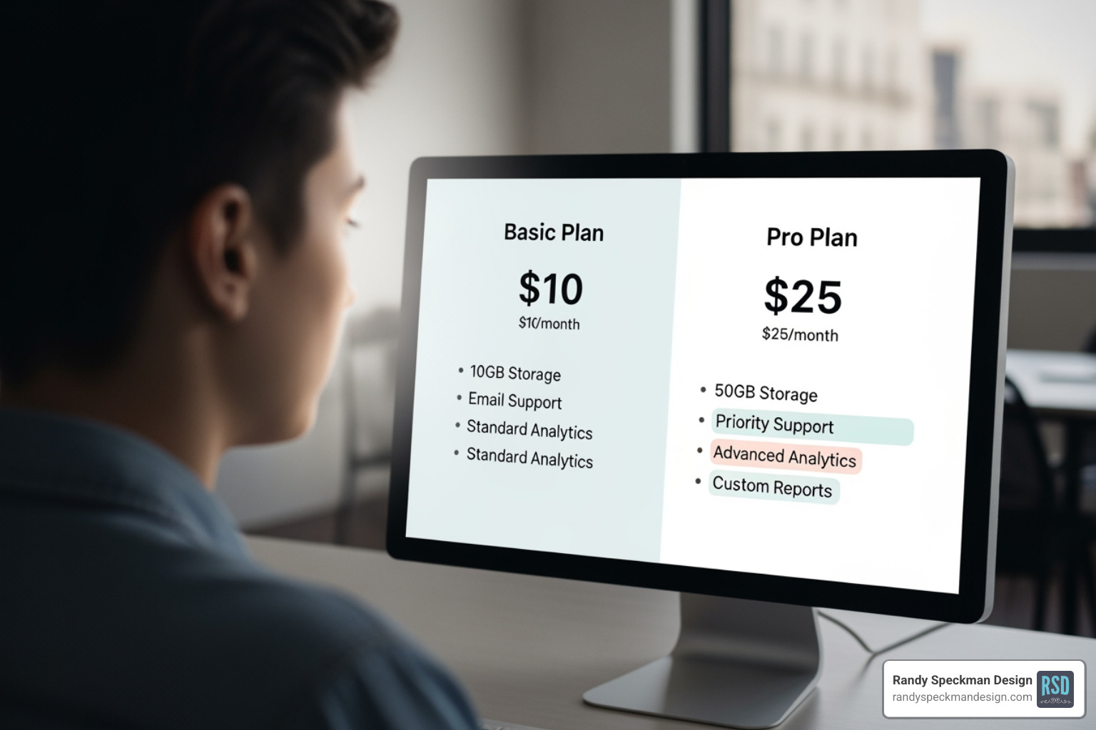 a person comparing two different software plans side-by-side on a screen, highlighting features and pricing details - reputation management software pricing