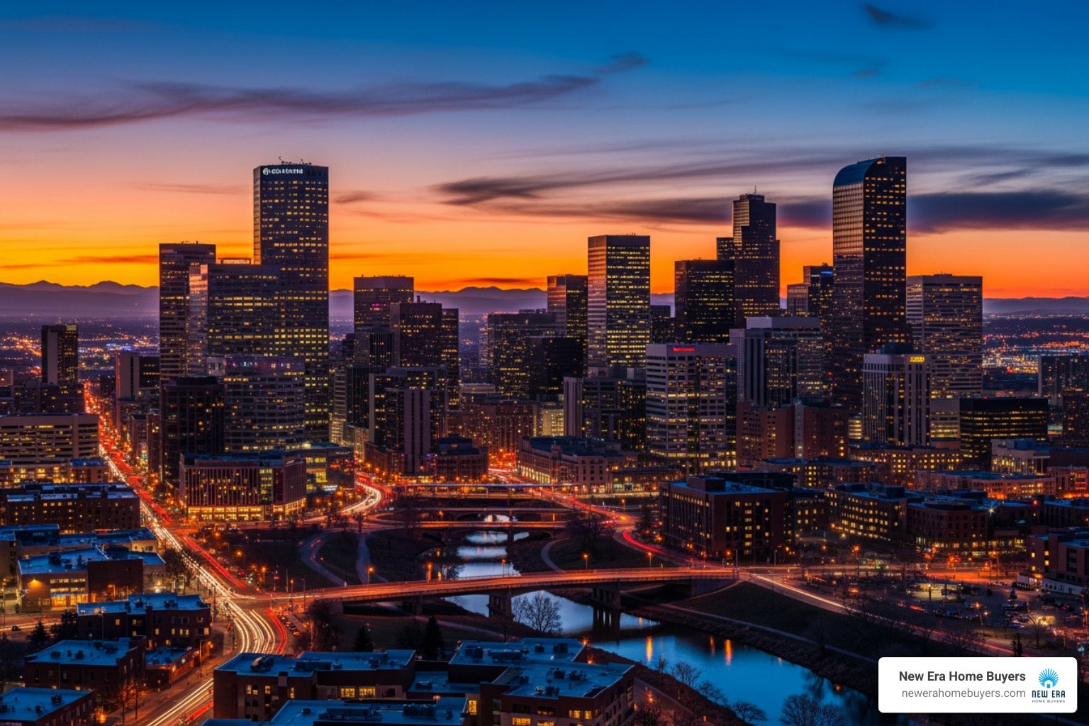 Denver skyline at sunset - Compare Cash Home Buyers in Denver