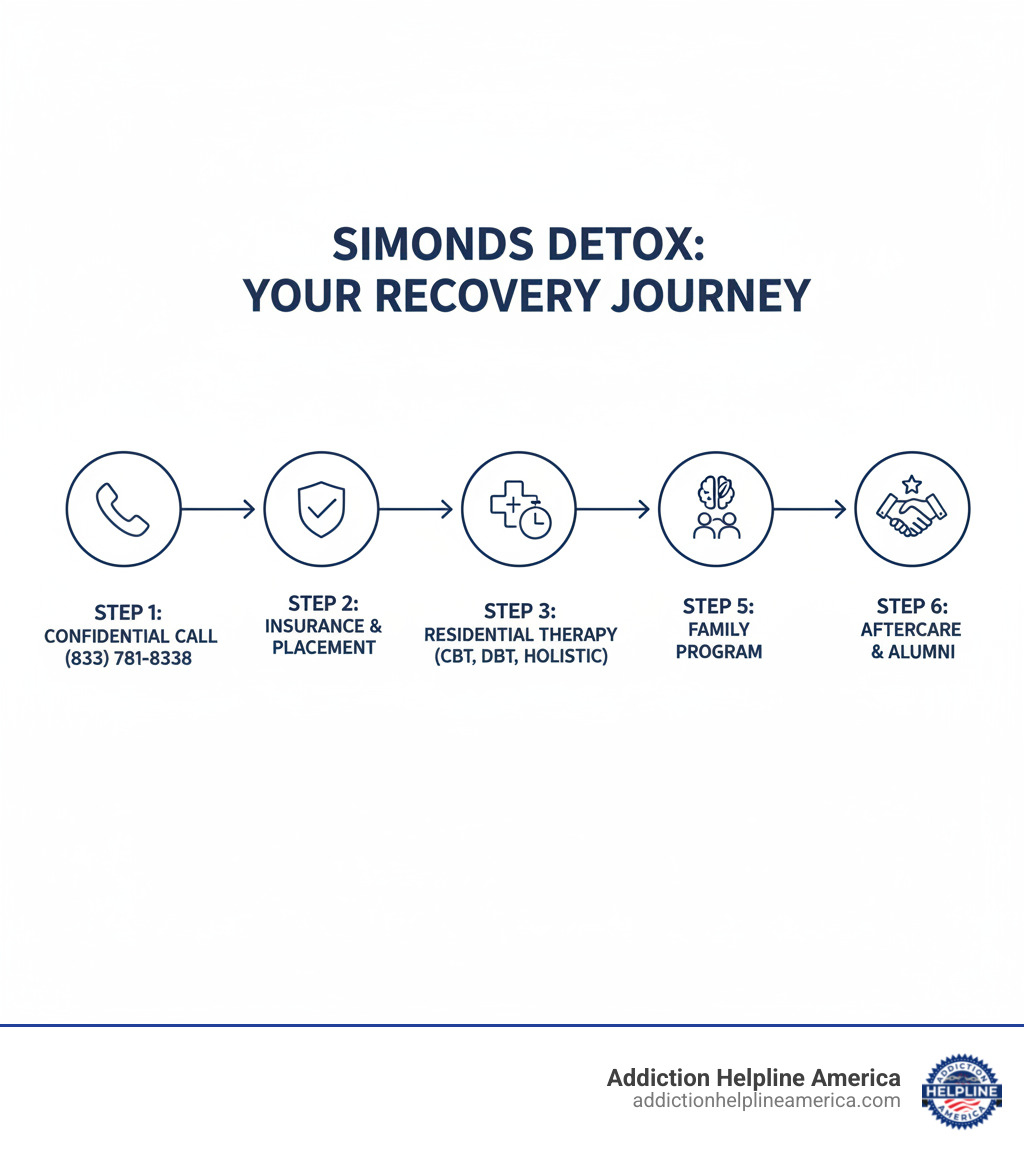 Infographic showing the recovery journey at Simonds Detox: Step 1 - Initial confidential call to (833) 781-8338 for assessment; Step 2 - Insurance verification and same-day placement available; Step 3 - Medically-supervised detox with 24/7 support (5-7 days typical); Step 4 - Residential treatment with personalized therapy plans including CBT, DBT, and holistic practices; Step 5 - Family program integration and counseling; Step 6 - Aftercare planning and alumni program for ongoing support - Simonds Detox | LA's Premier Drug & Alcohol Addiction infographic Infographic showing the recovery journey at Simonds Detox: Step 1 - Initial confidential call to (833) 781-8338 for assessment; Step 2 - Insurance verification and same-day placement available; Step 3 - Medically-supervised detox with 24/7 support (5-7 days typical); Step 4 - Residential treatment with personalized therapy plans including CBT, DBT, and holistic practices; Step 5 - Family program integration and counseling; Step 6 - Aftercare planning and alumni program for ongoing support - Simonds Detox | LA's Premier Drug & Alcohol Addiction infographic
