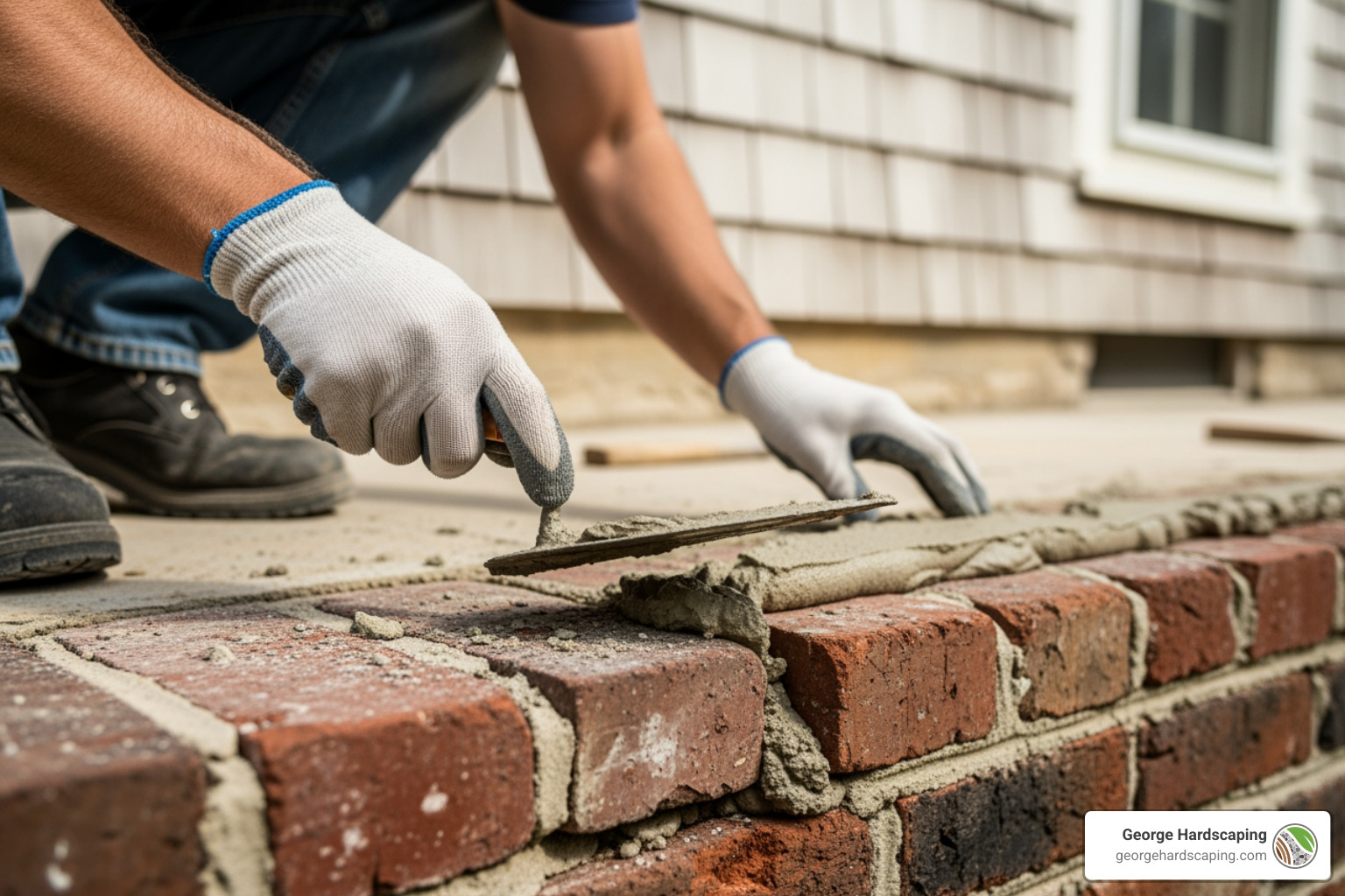 A skilled mason repointing an old brick foundation on a historic Stoneham home. - Masonry Contractor Stoneham