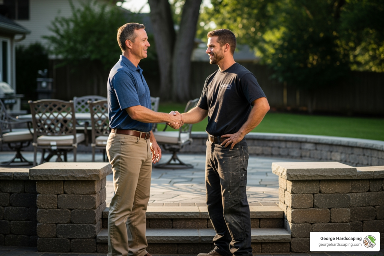 A homeowner shaking hands with a professional mason in front of a completed stone project. - Masonry Contractor Stoneham