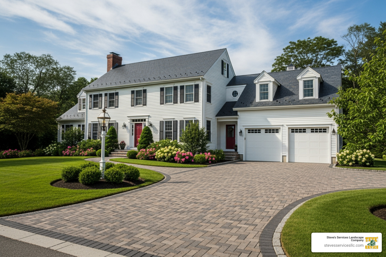 Paver driveway complementing a New England home's architecture - Driveway pavers Reading MA Paver driveway complementing a New England home's architecture - Driveway pavers Reading MA
