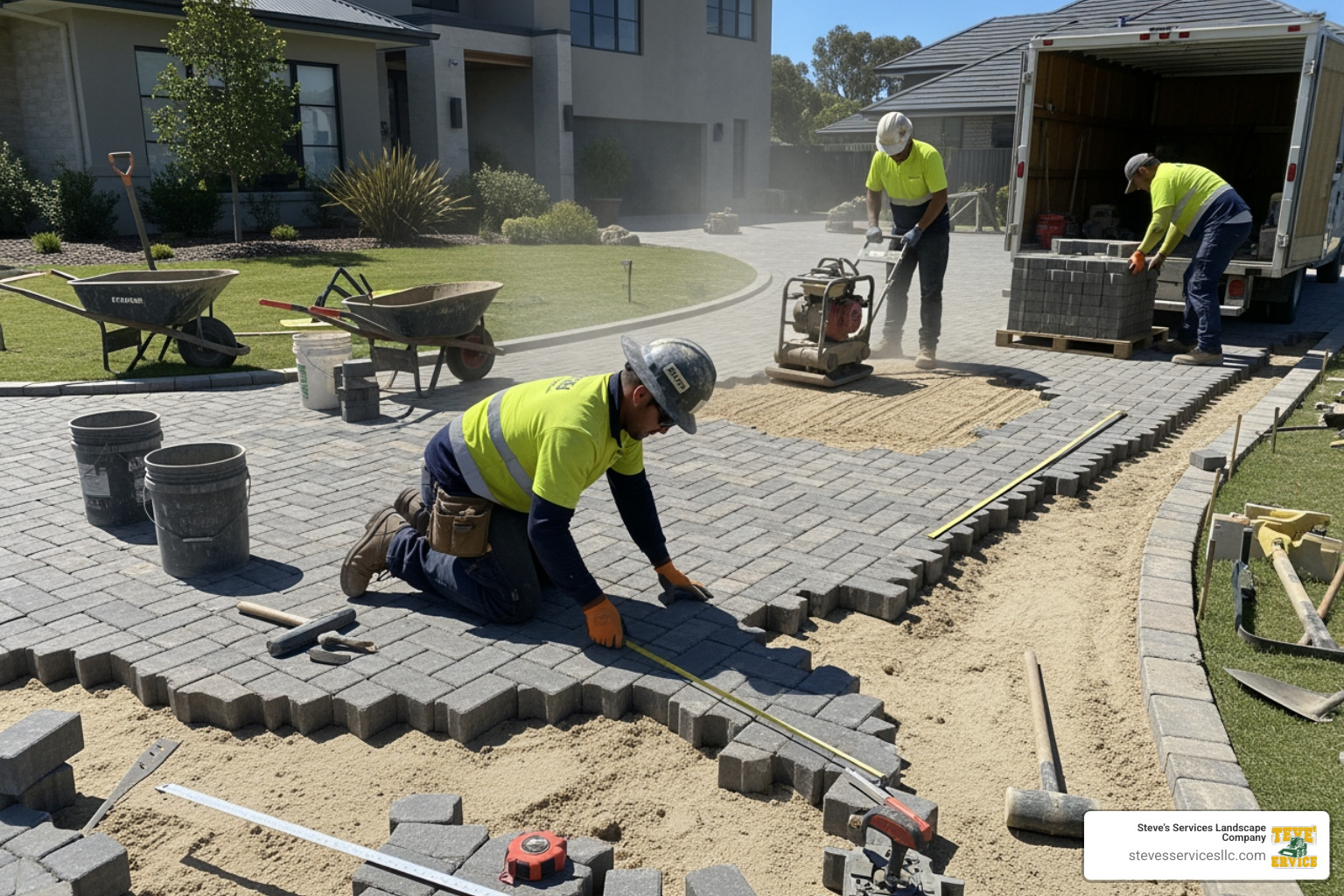 Complex paver driveway installation in progress - Driveway pavers Reading MA Complex paver driveway installation in progress - Driveway pavers Reading MA