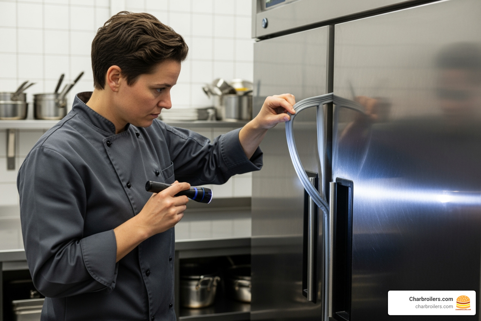 Image of someone inspecting the seals on a commercial fridge door - used commercial fridge Image of someone inspecting the seals on a commercial fridge door - used commercial fridge