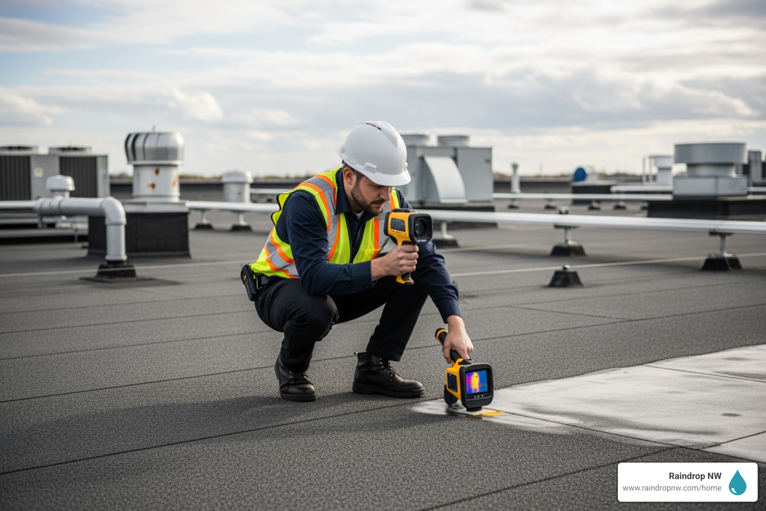 A professional inspector examining a commercial flat roof with specialized tools, possibly a moisture meter or a thermal camera. - best commercial estimates and inspections company in aloha or A professional inspector examining a commercial flat roof with specialized tools, possibly a moisture meter or a thermal camera. - best commercial estimates and inspections company in aloha or