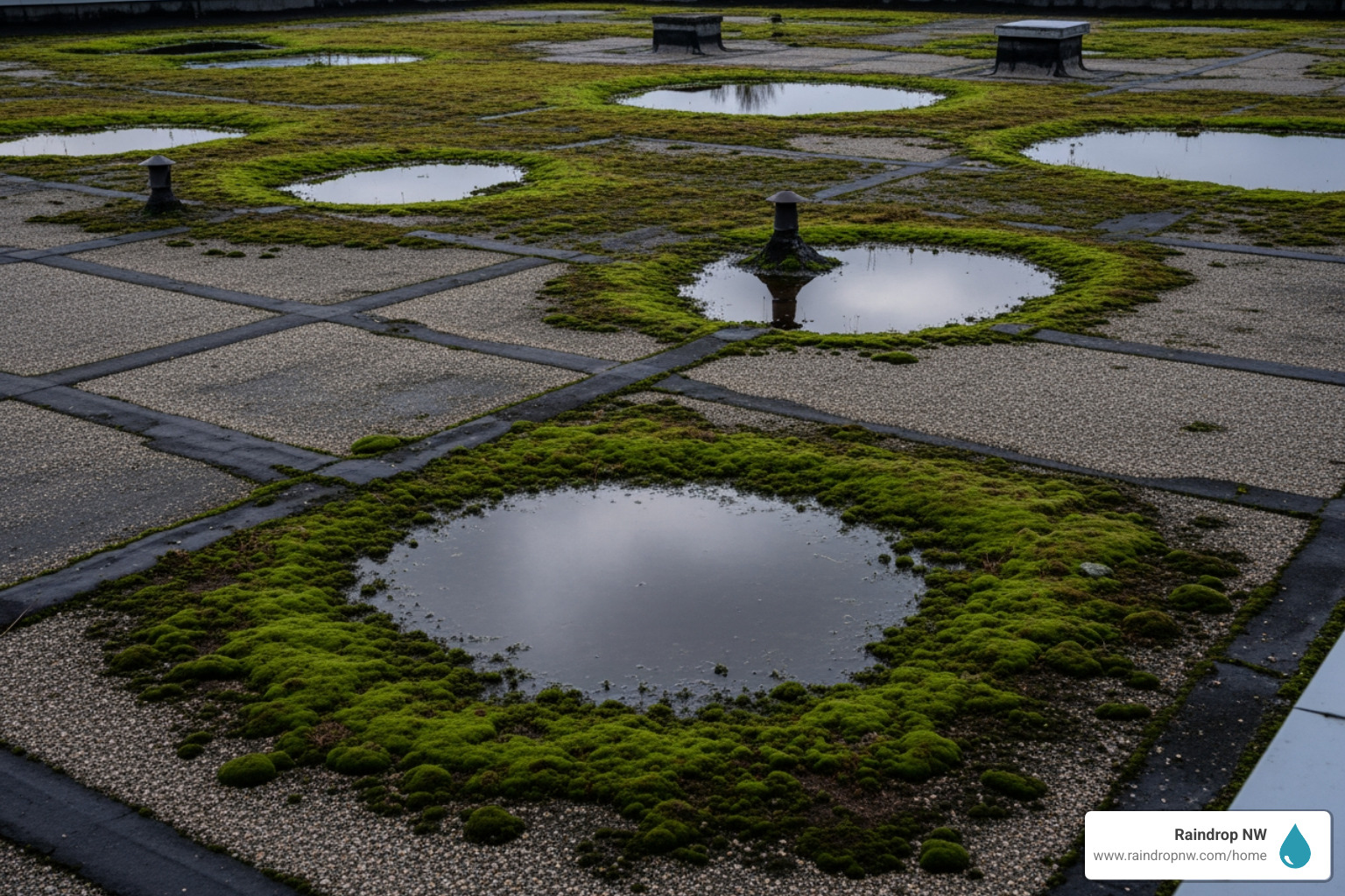 A weathered commercial roof showing signs of moss and water pooling in certain areas, indicative of drainage issues. - best commercial estimates and inspections company in aloha or A weathered commercial roof showing signs of moss and water pooling in certain areas, indicative of drainage issues. - best commercial estimates and inspections company in aloha or