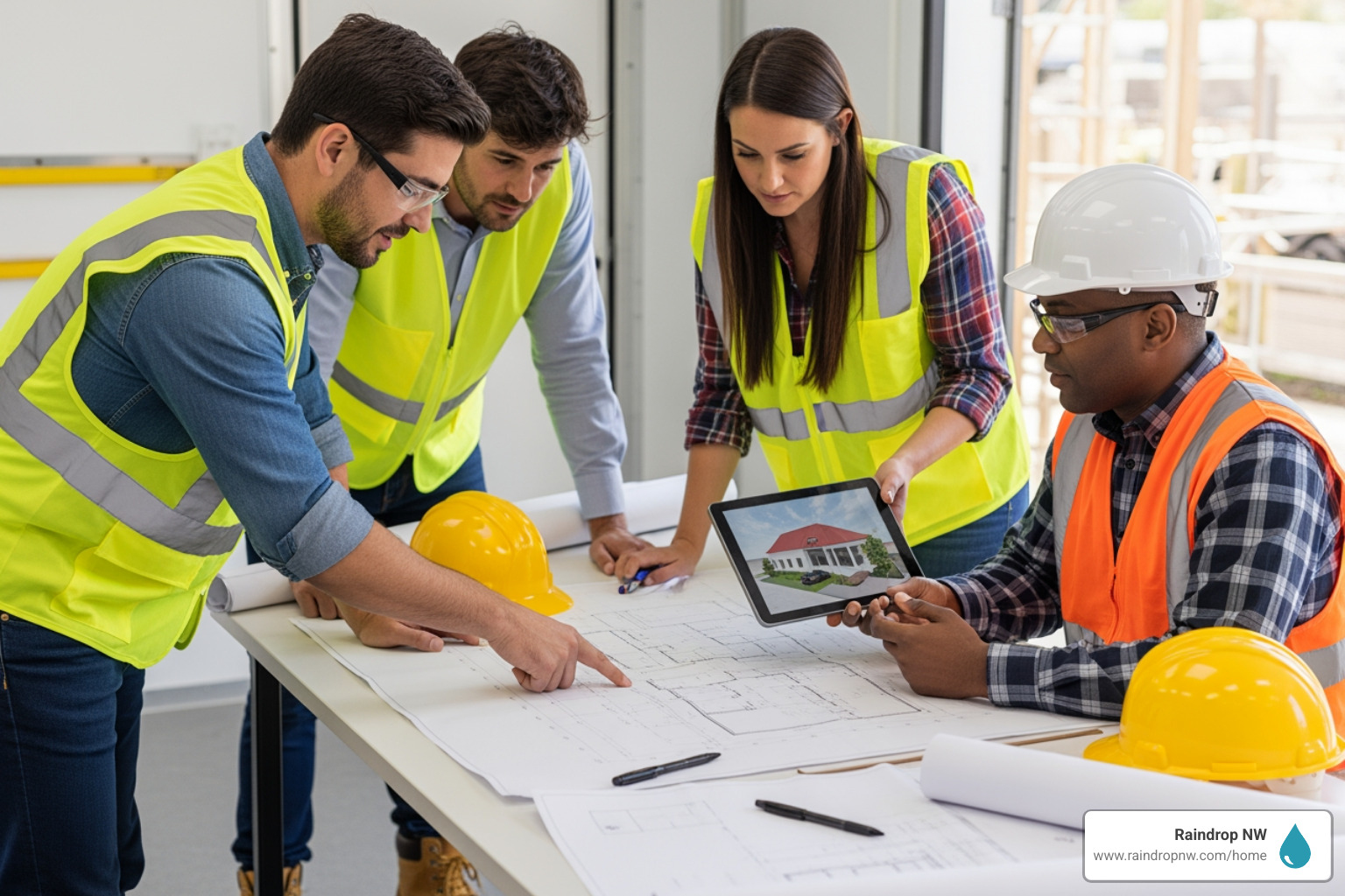 A roofing team collaborating on a project plan, possibly reviewing blueprints or a digital rendering of a roof. - best commercial estimates and inspections company in aloha or A roofing team collaborating on a project plan, possibly reviewing blueprints or a digital rendering of a roof. - best commercial estimates and inspections company in aloha or