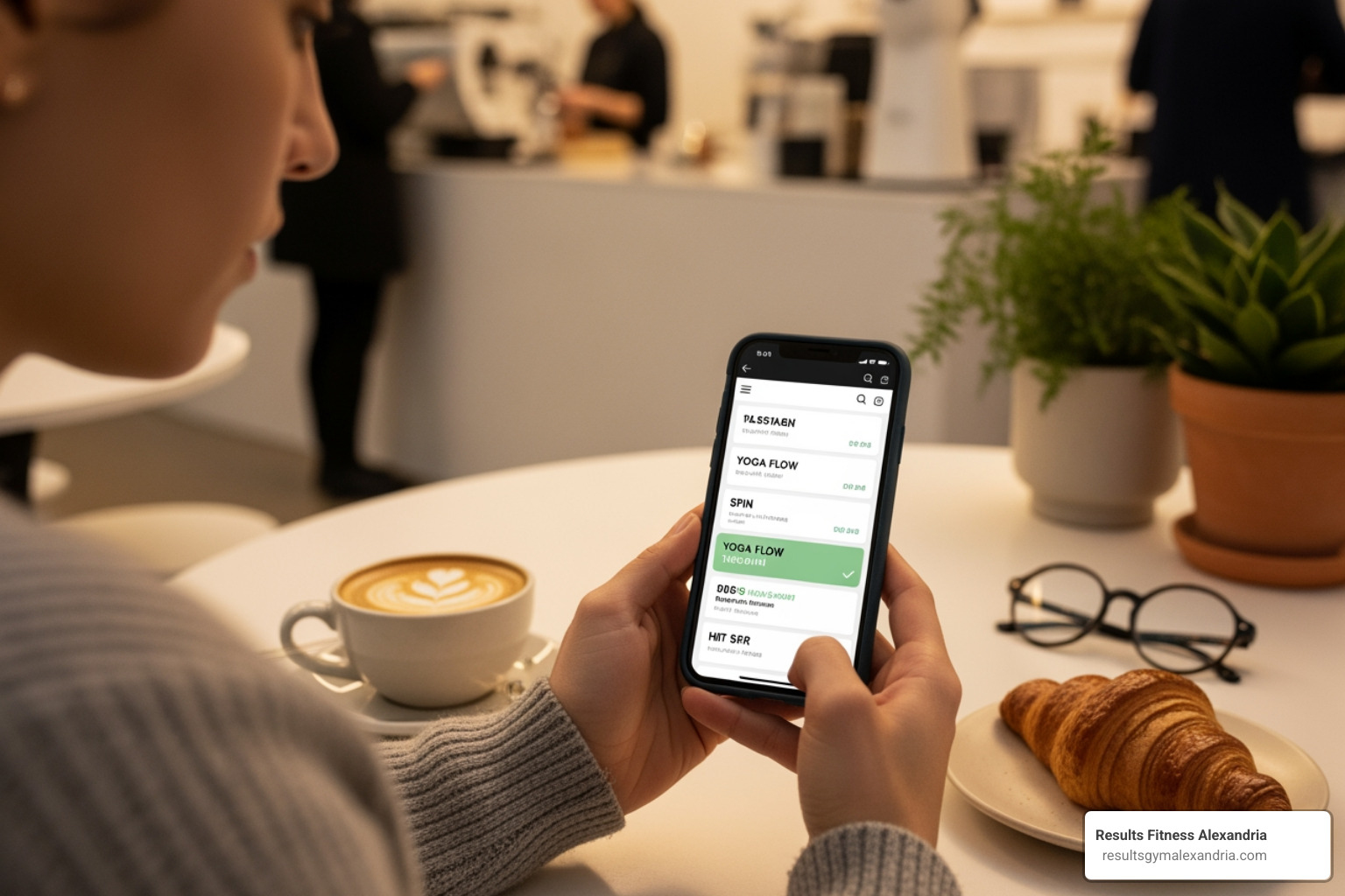 A person sitting at a cafe, intently looking at a smartphone with a fitness app or website displaying class schedules. - community fitness classes