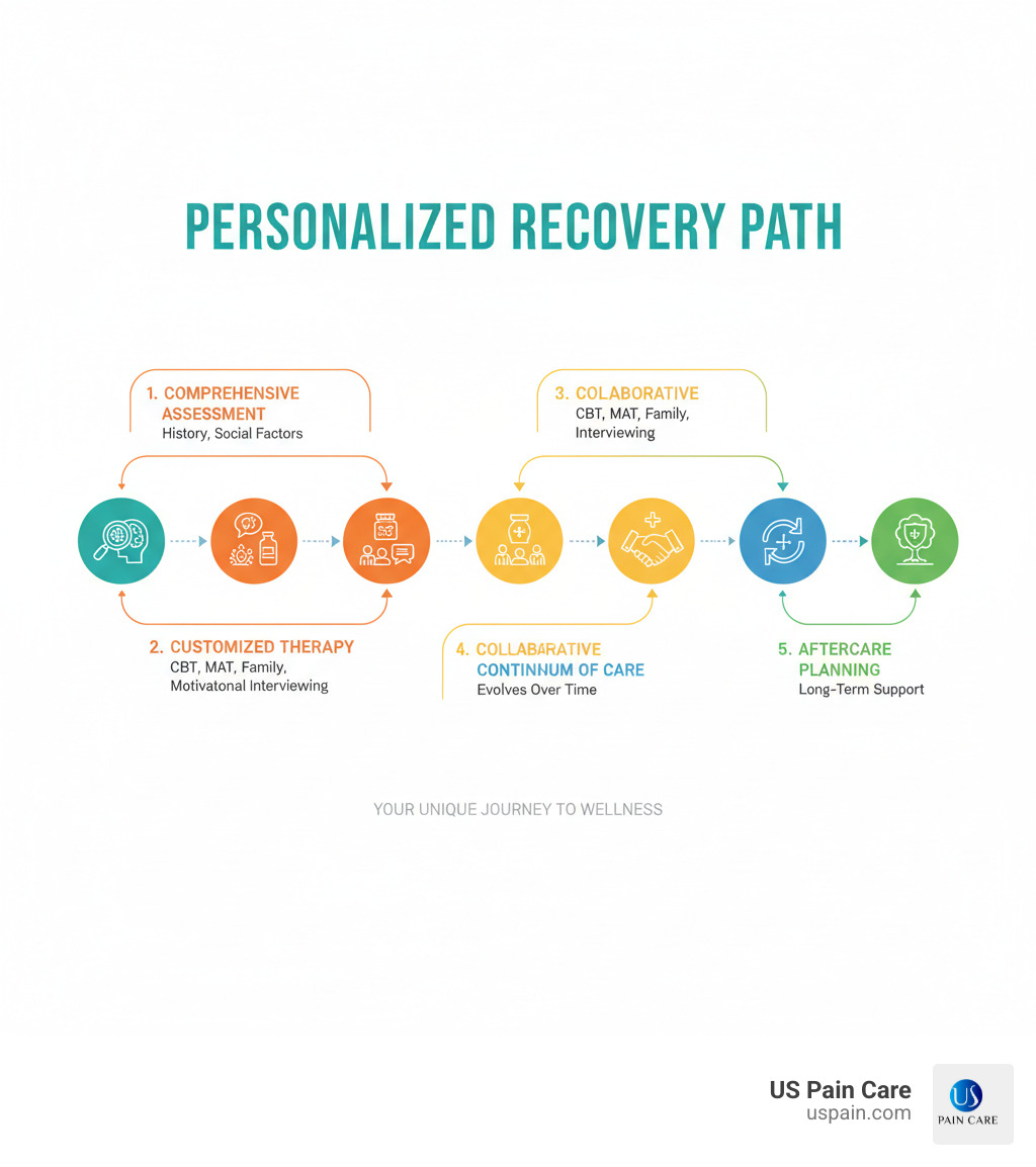 Infographic showing the key components of personalized addiction treatment plans: comprehensive assessment including physical health, mental health, addiction history, and social factors; customized therapy options including CBT, MAT, family therapy, and motivational interviewing; collaborative goal setting with patient involvement; continuum of care that adapts over time; and aftercare planning for long-term support - personalized addiction treatment plans infographic 