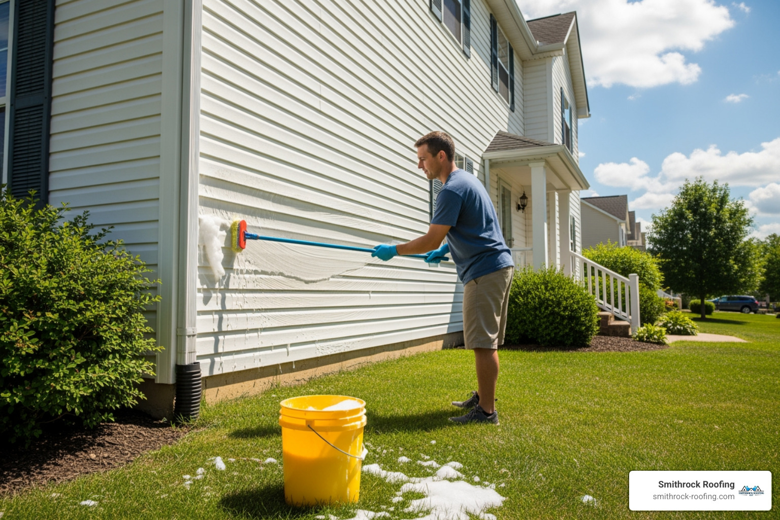 homeowner cleaning their siding with a soft brush - siding repair homeowner cleaning their siding with a soft brush - siding repair